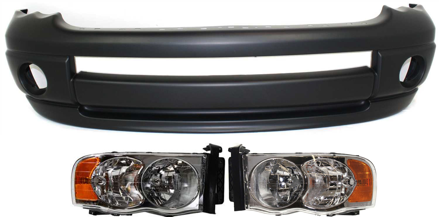 AM RAM 1500-02-05 FRONT BUMPER COVER 3 pc Kit with Valance and Headlights Fits 1 pc Type bumper 2003-05-2500-3500 Models SKU KIT 022518-94 Partslink CH1000463 CH2502135 CH2502161 CH2503135 CH2503161 OEM 5073001AF 55077121AF 55077121A