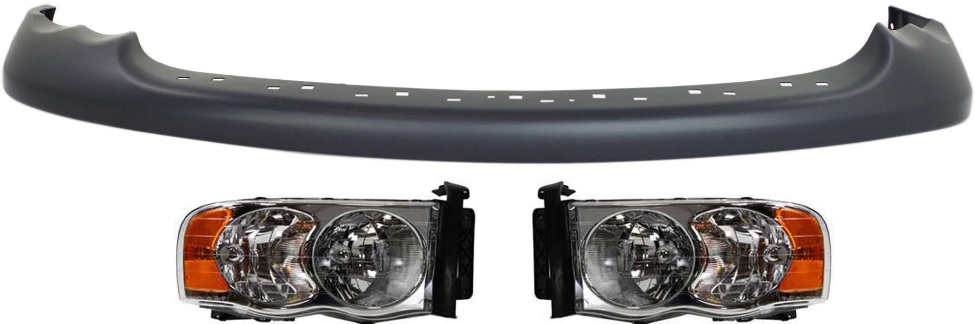 AM DODGE FULL SIZE PICKUP 02-05 HEAD LAMP RH AND LH Assembly Halogen 3 pc Kit with Valance SKU KIT 022518-96 Partslink CH2503135 CH2503161 CH2502135 CH2502161 CH1000338 OEM 55077120AF 55077120AG 55077121