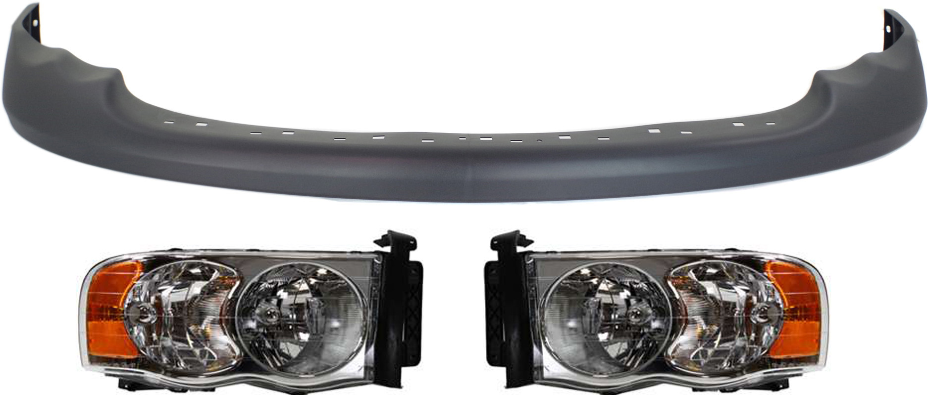 AM DODGE FULL SIZE PICKUP 02-05 HEAD LAMP RH AND LH Assembly Halogen 3 pc Kit with Valance SKU KIT 022518-98 Partslink CH2503135 CH2503161 CH2502135 CH2502161 CH1000411 OEM 55077120AF 55077120AG 55077121