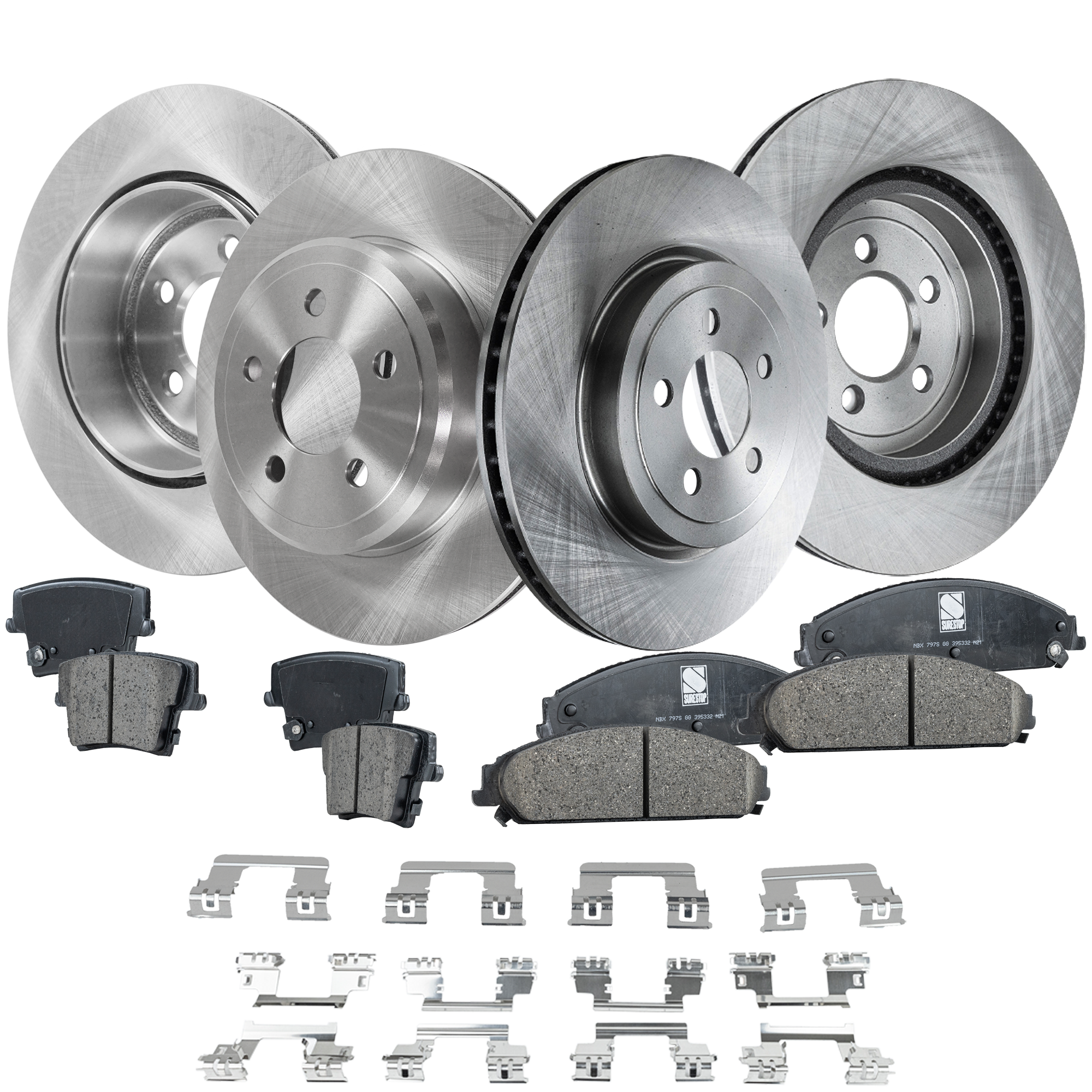 AM CHRYSLER 300-05-1316 CHALLENGER 12-19 FRONT AND REAR BRAKE DISC AND PAD KIT 4 Wheel Set Plain Surface 5 Lugs SKU KIT 022521-03-108 OEM 4779209AB 4779209AC 4779209AE
