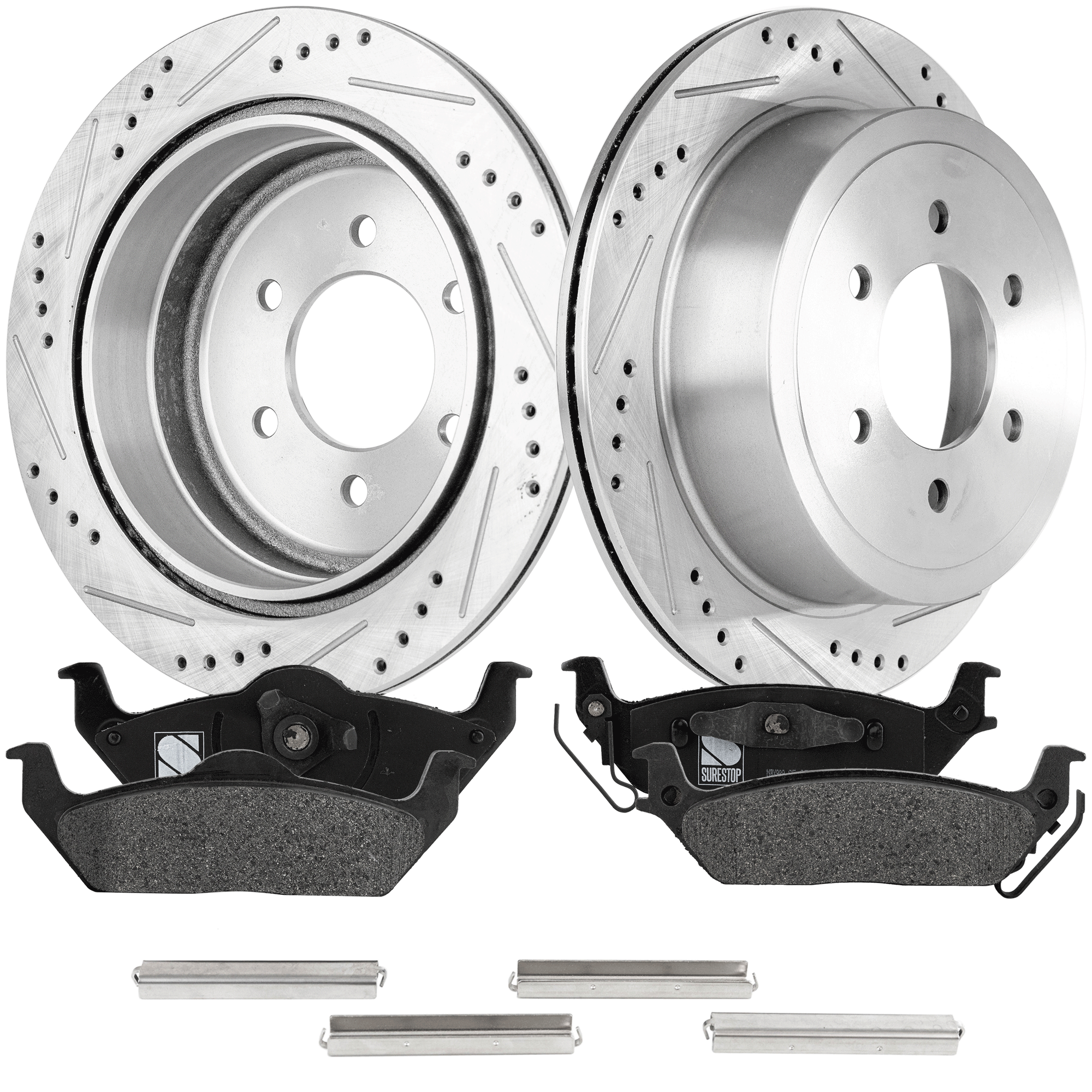 AM F 150-04-11 MARK LT 06-08 REAR BRAKE DISC AND PAD KIT 4 pc kit Cross drilled and Slotted SKU KIT 022521-03-136 OEM 19347-54111-145521-492535-6801
