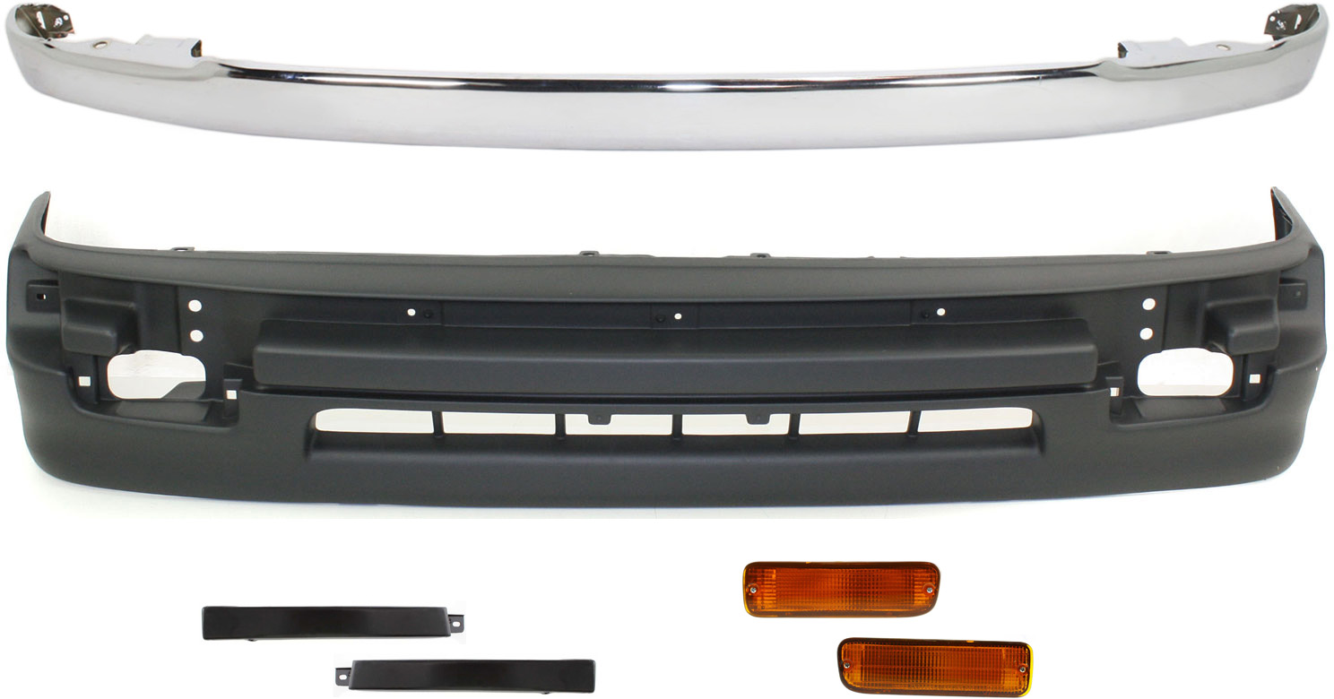 AM TACOMA 98-00 FRONT BUMPER MOLDING RH AND LH 6 pc kit Chrome with Headlight Fillers Turn Signal Lights and Valance SKU KIT 022521-08 Partslink TO1002165 TO1095171 TO1088102 TO1089102 TO2530122 TO2531122 OEM 5210104090-5391104060-52513350