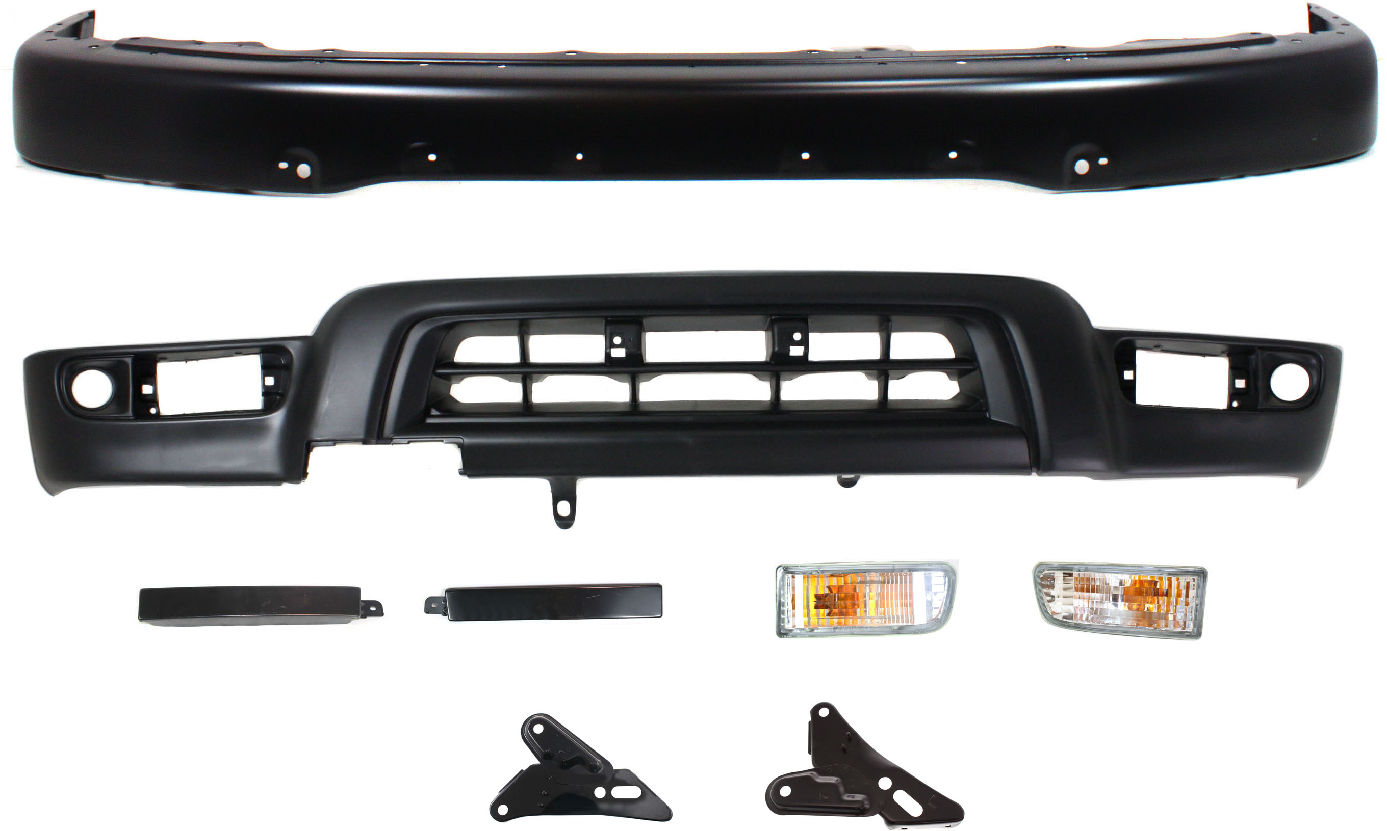 AM 4RUNNER 99-02 FRONT BUMPER 8 pc kit includes Bumper Brackets Grille Extensions Turn Signal Lights and Valance SKU KIT 022521-10 Partslink TO1002166 TO1066126 TO1067126 TO1088103 TO1089103 TO2530133 TO2531133 TO1095181 OEM 5210135927-5201235070-52011350