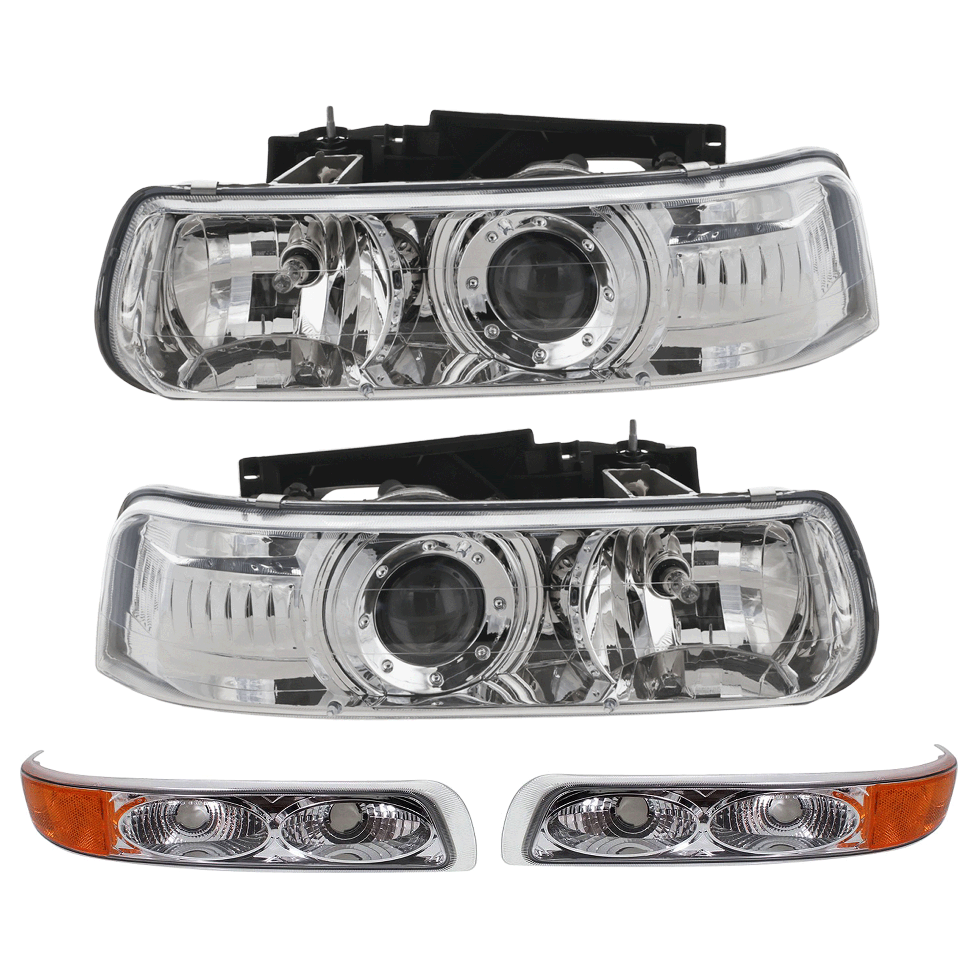 AM SUBURBAN 1500 SUBURBAN 2500-00-06 HEADLIGHT RH AND LH Assembly Halogen Chrome Interior 4 pc Kit with Parking Light SKU KIT 022625-02 Partslink GM2522126 OEM Performance
