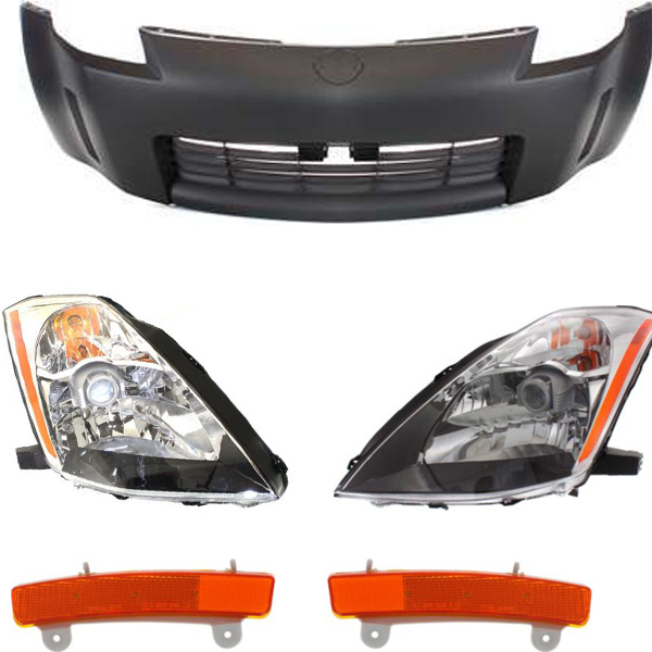 AM 350Z 03-05 FRONT BUMPER COVER 5 pc Kit with Bumper Reflector and Headlights SKU KIT 022716-15 Partslink NI1000201 NI2556101 NI2557101 NI2502146 NI2503146 OEM 62022CD040-26145CD000-26140CD0