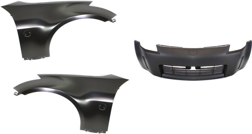 AM 350Z 03-05 FRONT BUMPER COVER 3 pc Kit with Fender SKU KIT 022716-17 Partslink NI1000201 NI1240177 NI1241177 OEM 62022CD040 FCA01CD0MA FCA00CD0