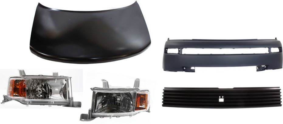 AM XB 04-06 HOOD 5 pc Kit with Bumper Cover Grille Assembly and Headlights SKU KIT 022716-27 Partslink SC1230102 SC1000102 SC1200101 SC2518101 SC2519101 OEM 5330152190-5211952915-53111520