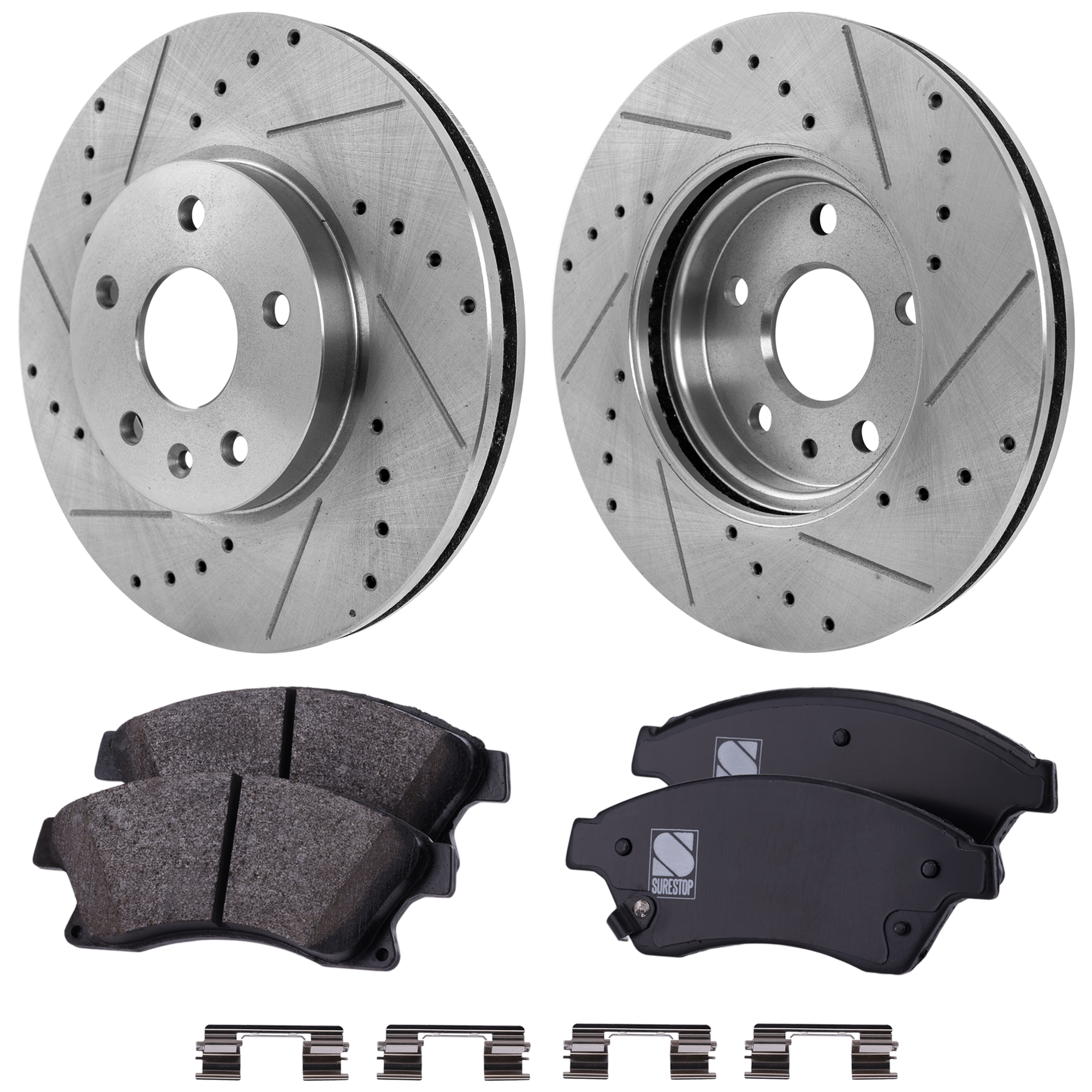 AM CRUZE 11-15 SONIC 12-17 FRONT BRAKE DISC AND PAD KIT 4 pc Kit Cross drilled and Slotted 5 Lugs Cast Iron Organic SKU KIT 030124-02 OEM 41271-55185-850231-886207-9009