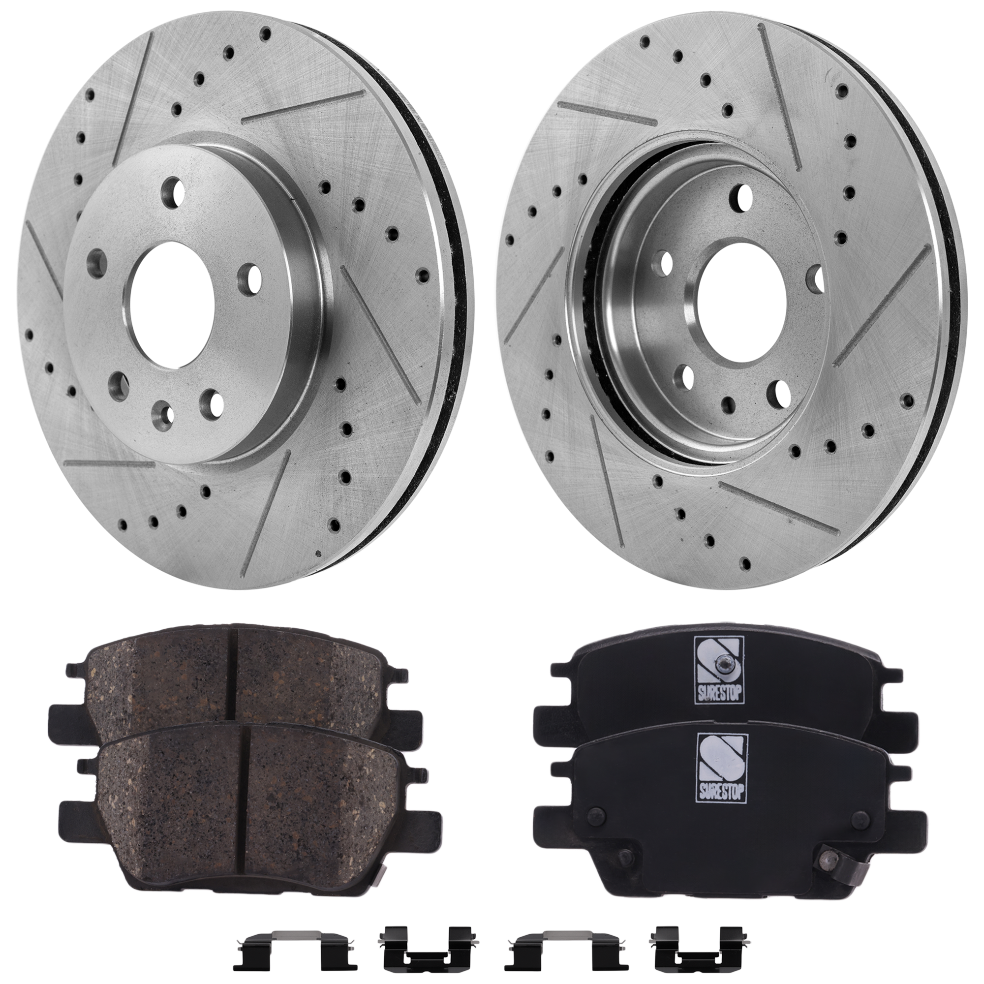 AM BOLT EV 17-23 CRUZE 16-19 FRONT BRAKE DISC AND PAD KIT 4 pc Kit Cross drilled and Slotted 5 Lugs Cast Iron Ceramic SKU KIT 030124-03 OEM 41271-55185-850231-886207-9009