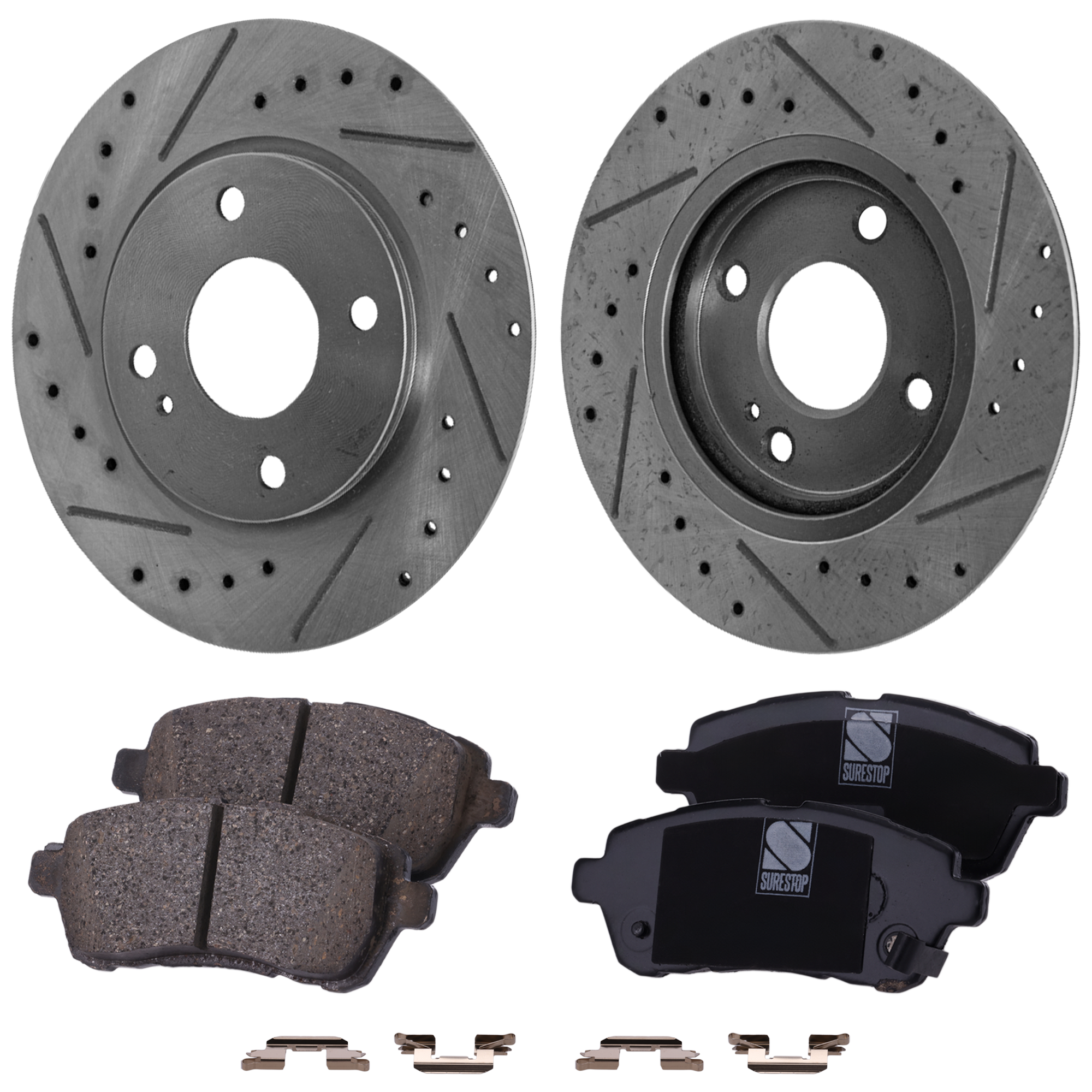 AM FIESTA 16-19 FRONT BRAKE DISC AND PAD KIT 2 Wheel Set Cross drilled and Slotted 4 Lugs Cast Iron Organic SKU KIT 030124-05 OEM 42277-54176-680822-850230-8862