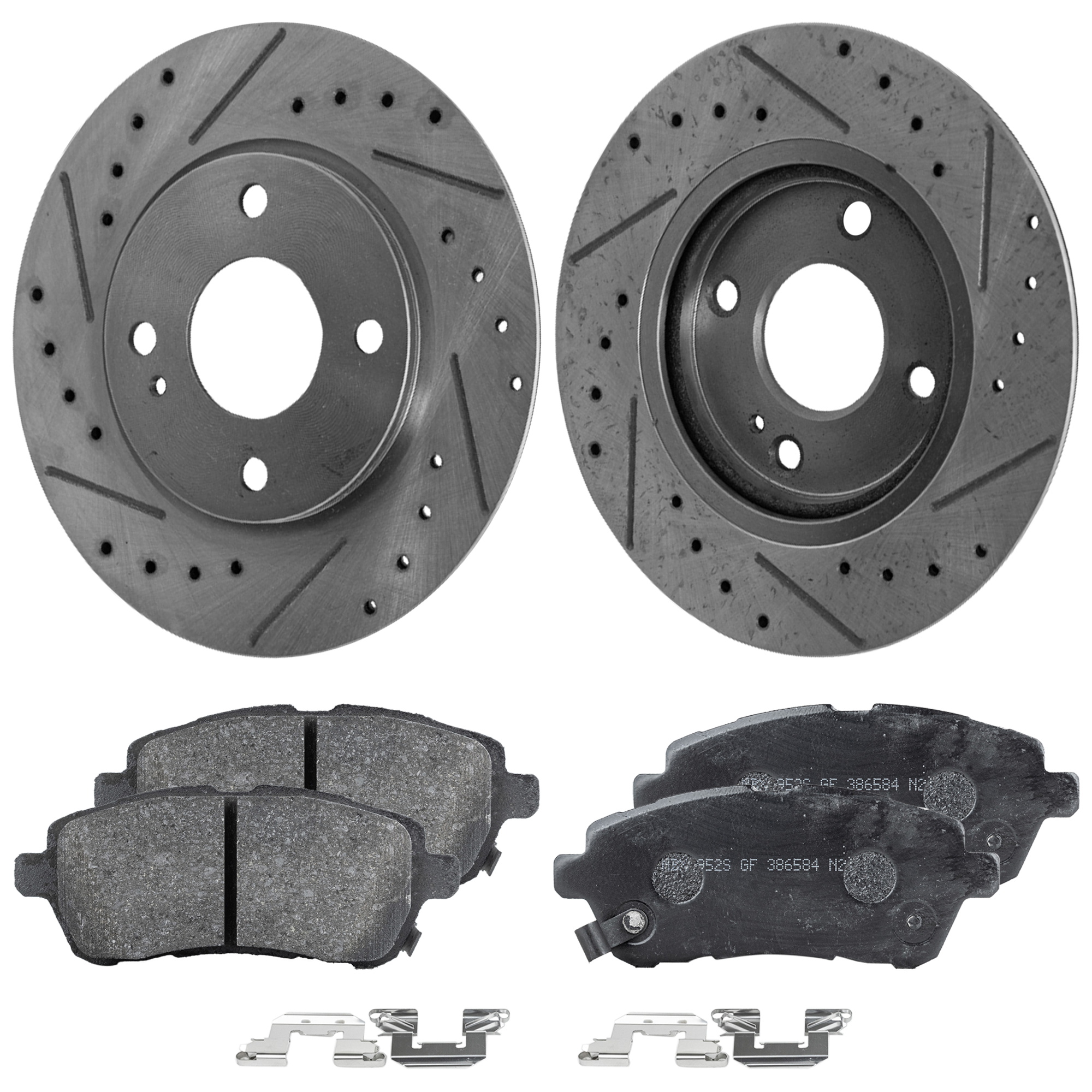 AM FIESTA 11-19 FRONT BRAKE DISC AND PAD KIT 2 Wheel Set Cross drilled and Slotted 4 Lugs Cast Iron Ceramic SKU KIT 030124-06 OEM 42-277-541-766-808-200-000-000-000