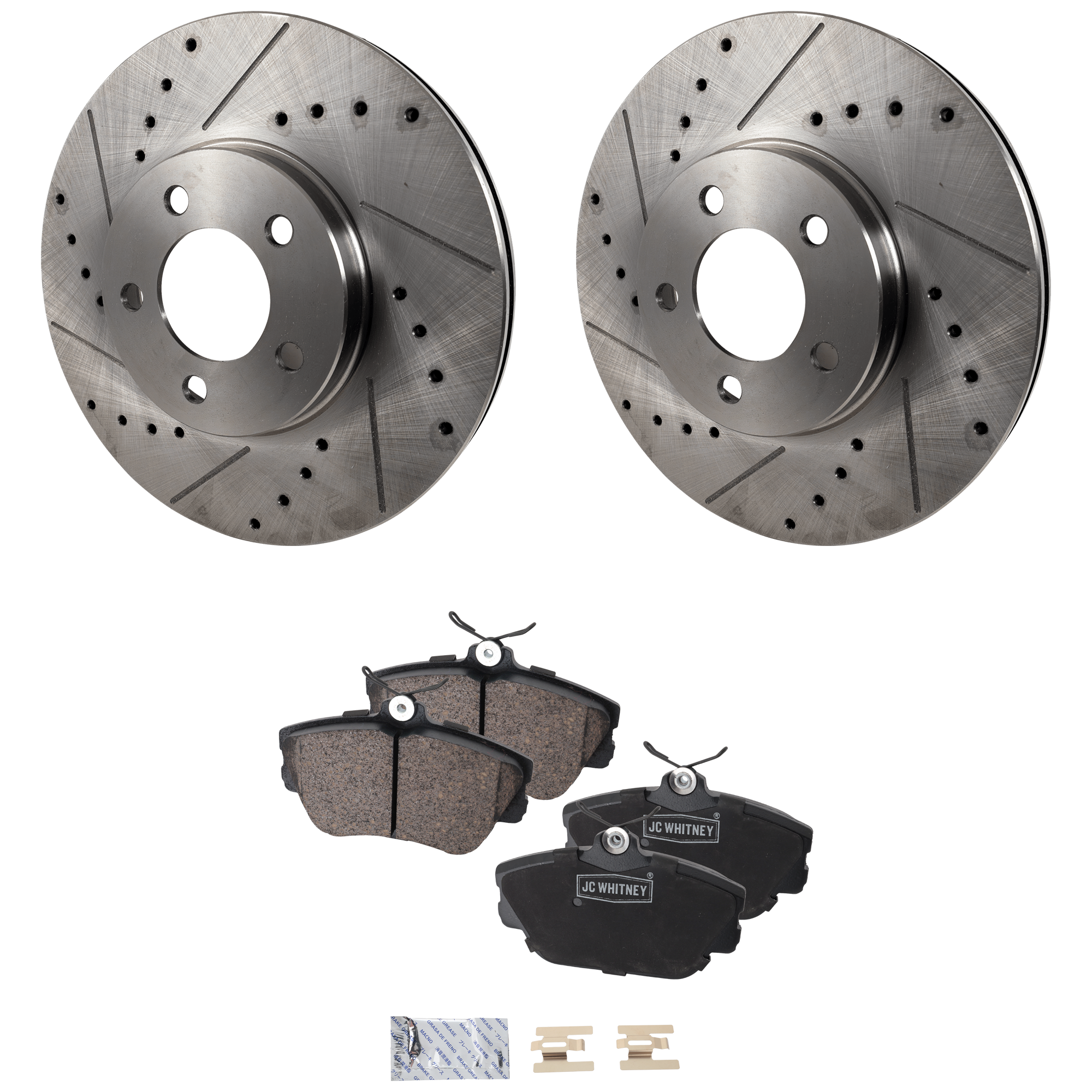 AM MARK VIII 93-98 TAURUS 96-07 FRONT BRAKE DISC AND PAD KIT 4 pc Kit Cross drilled and Slotted 5 Lugs Cast Iron Ceramic SKU KIT 030124-07 OEM 1048-19853-54009-54030-65720-6