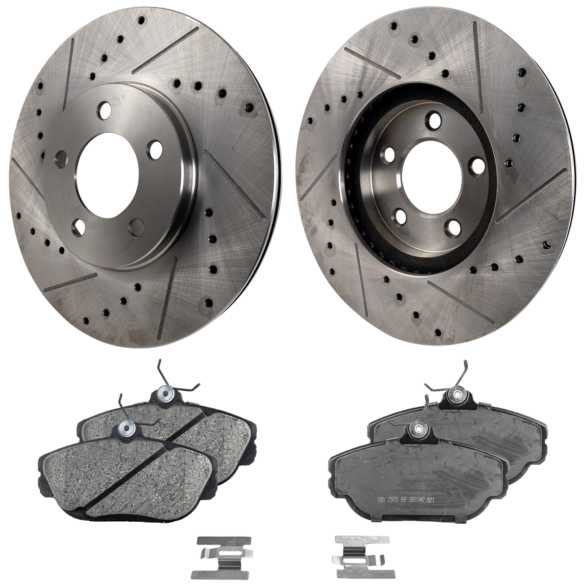 AM SABLE 01-01 TAURUS 01-02 FRONT BRAKE DISC AND PAD KIT 4 pc Kit Cross drilled and Slotted 5 Lugs Cast Iron Ceramic SKU KIT 030124-09 OEM 1048-19853-54009-54030-657