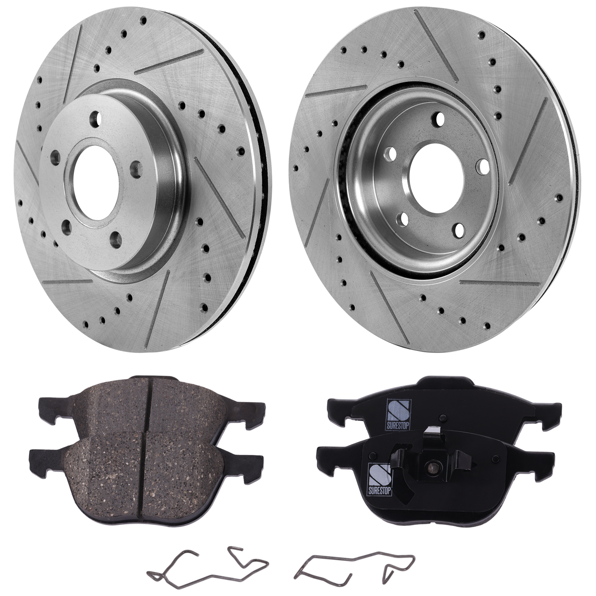 AM ESCAPE 13-19 S40-04-11 FRONT BRAKE DISC AND PAD KIT 2 Wheel Set Cross drilled and Slotted 5 Lugs Cast Iron Ceramic SKU KIT 030124-10 OEM 34364-45438-45608-850028-90070