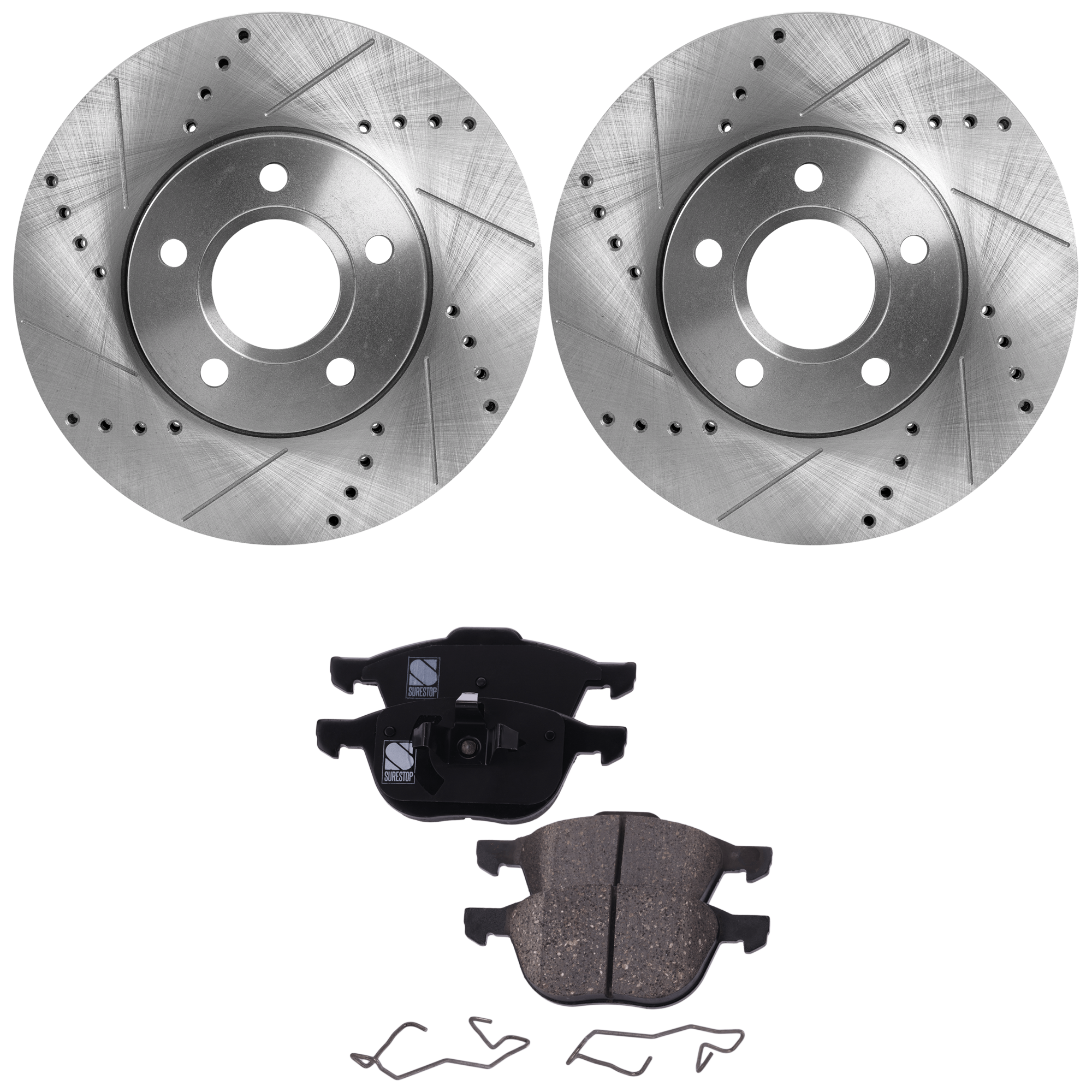 AM FOCUS 12-18 S40-04-11 FRONT BRAKE DISC AND PAD KIT 2 Wheel Set Cross drilled and Slotted 5 Lugs Cast Iron Ceramic SKU KIT 030124-13 OEM 306817390-306835540-307150230