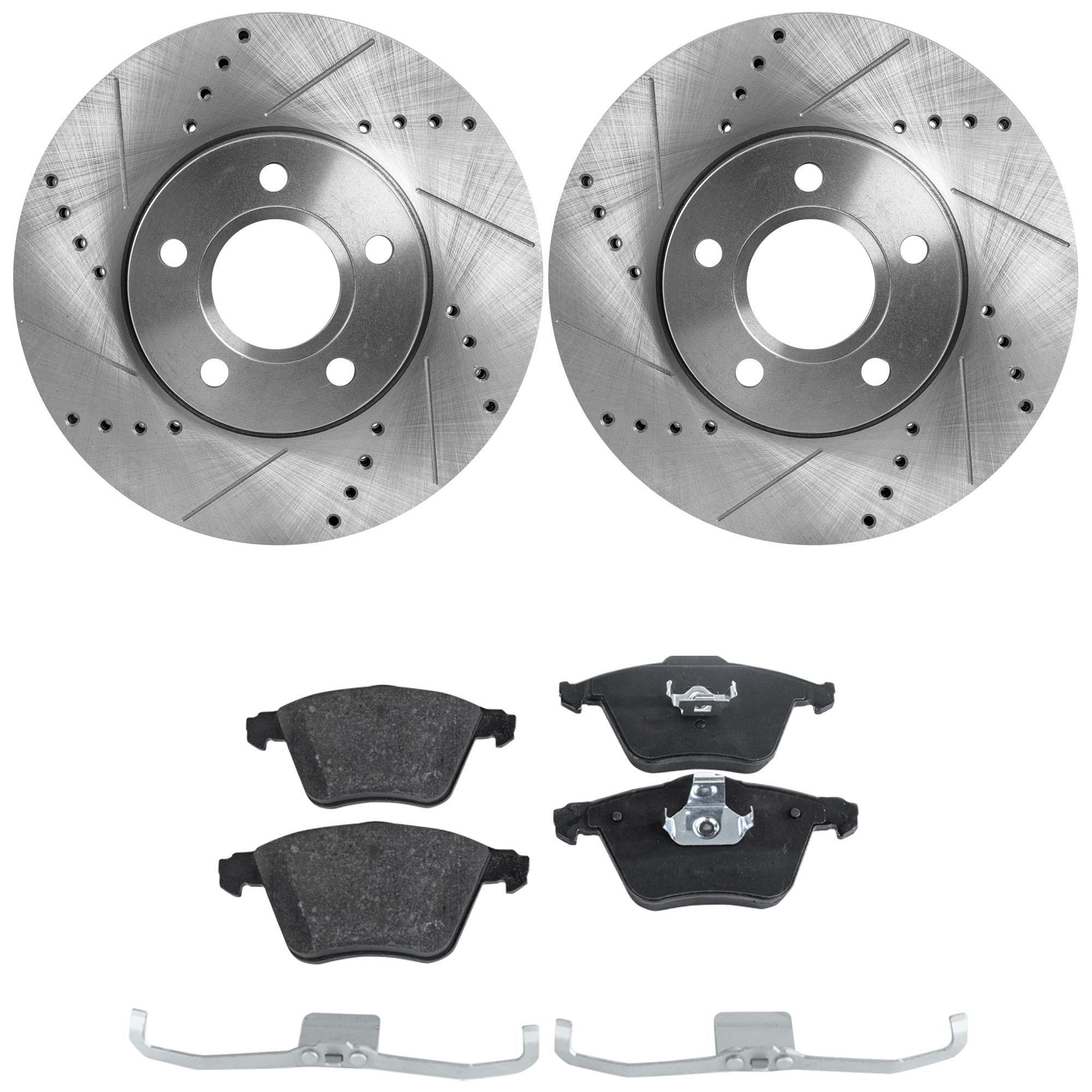 AM S40-04-11 FRONT BRAKE DISC AND PAD KIT 2 Wheel Set Cross drilled and Slotted 5 Lugs Cast Iron Organic SKU KIT 030124-16 OEM 306832740-307147910-30742029-3