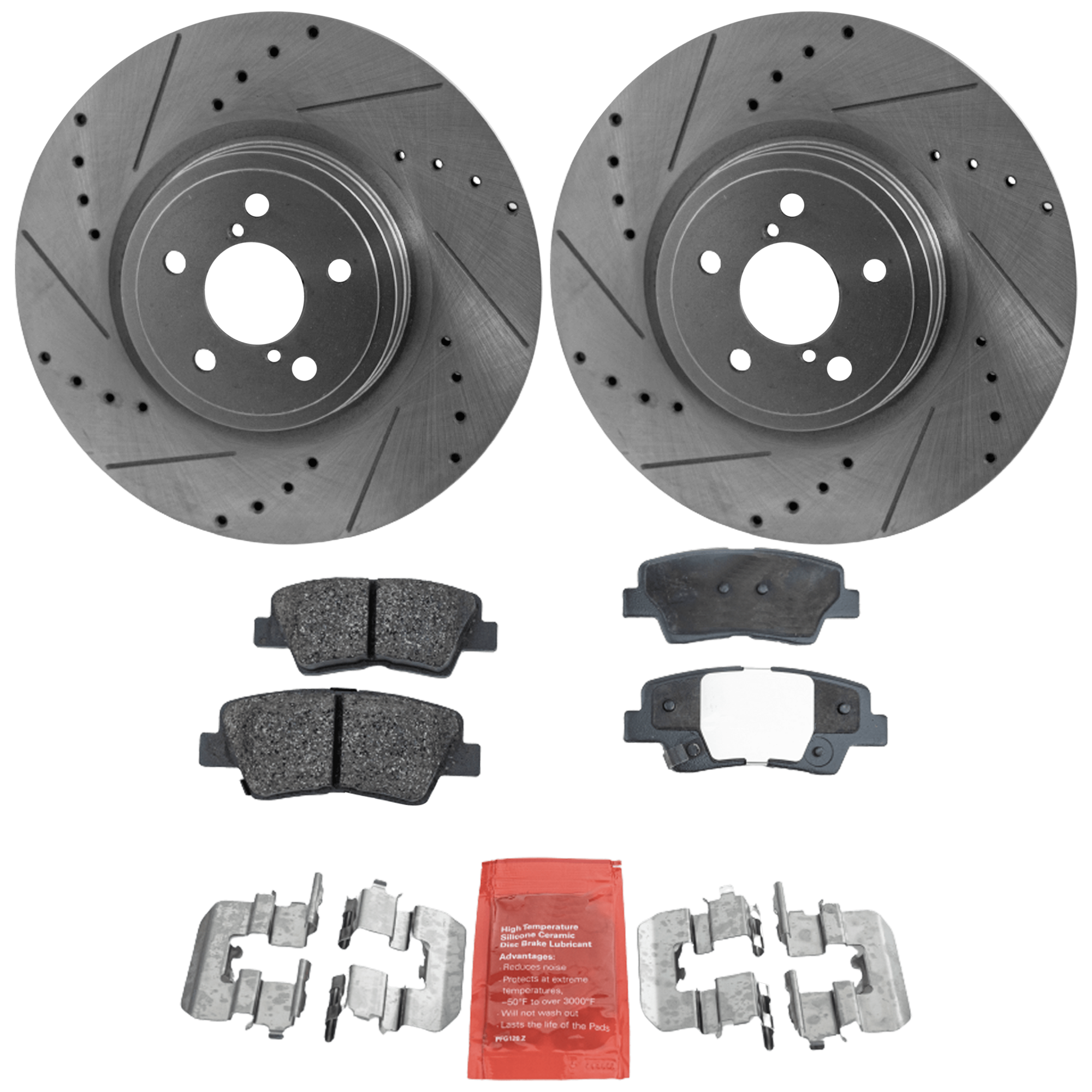 AM ACCENT RIO 12-22 REAR BRAKE DISC AND PAD KIT 2 Wheel Set Cross drilled and Slotted 4 Lugs Cast Iron Ceramic SKU KIT 030124-17 OEM 44744-0833542-850328-980980-60