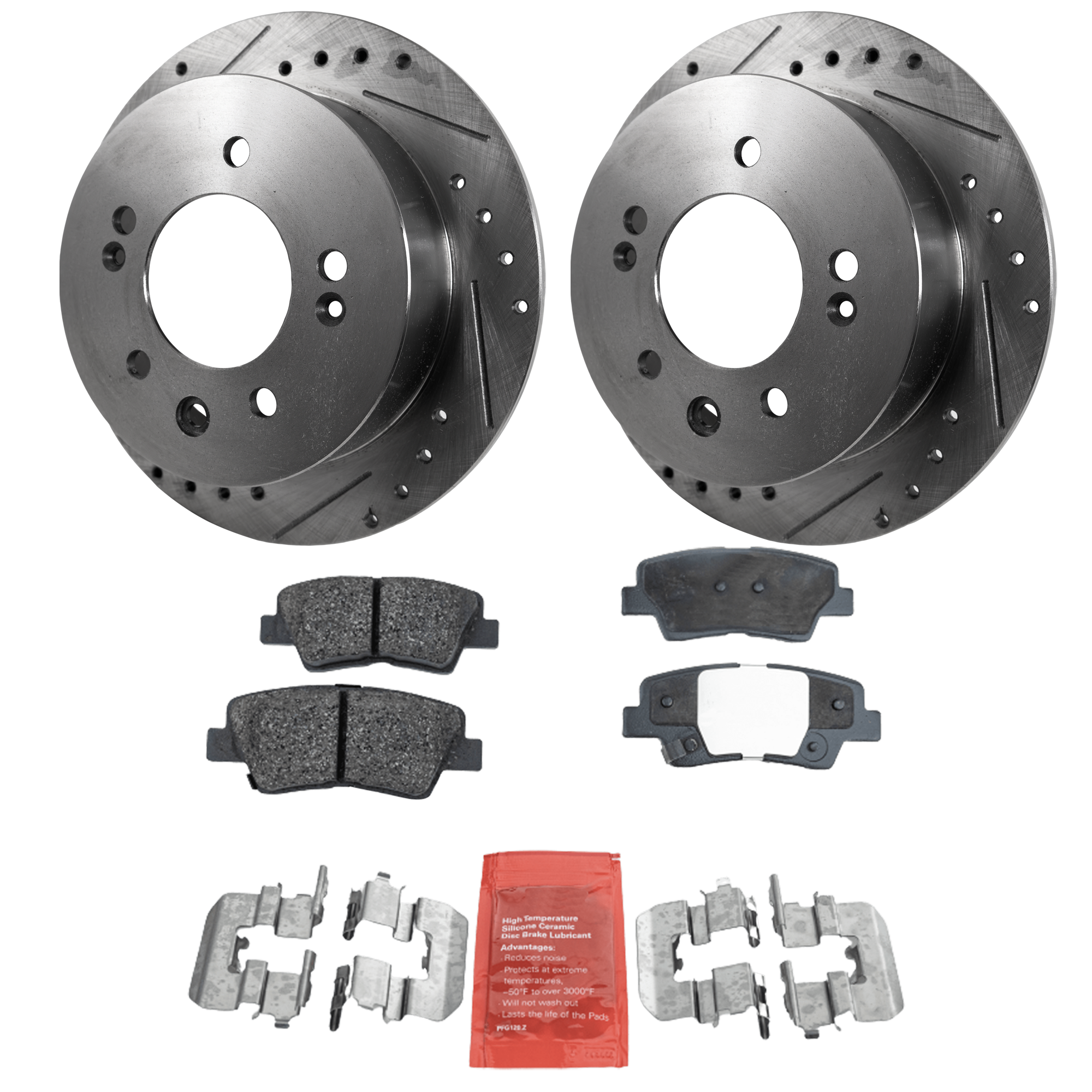 AM ELANTRA 10-10 REAR BRAKE DISC AND PAD KIT 2 Wheel Set Cross drilled and Slotted 5 Lugs Cast Iron Ceramic SKU KIT 030124-21 OEM 31452-44678-60447-900444-98049