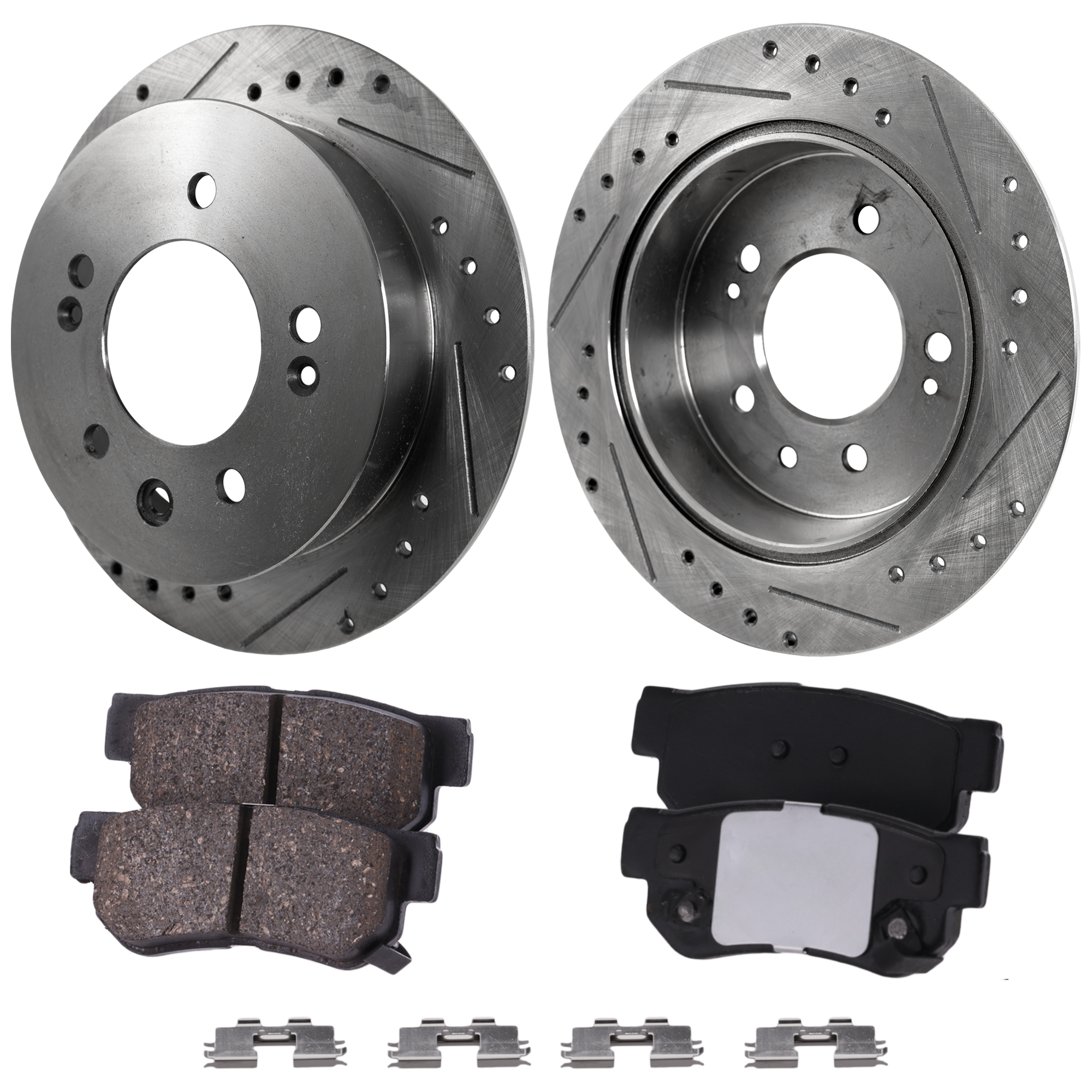 AM ELANTRA 07-10 REAR BRAKE DISC AND PAD KIT Cross drilled and Slotted Ceramic 5 Lugs 4 pc Kit SKU KIT 030124-23 OEM 31452-44678-60447-900444-98049