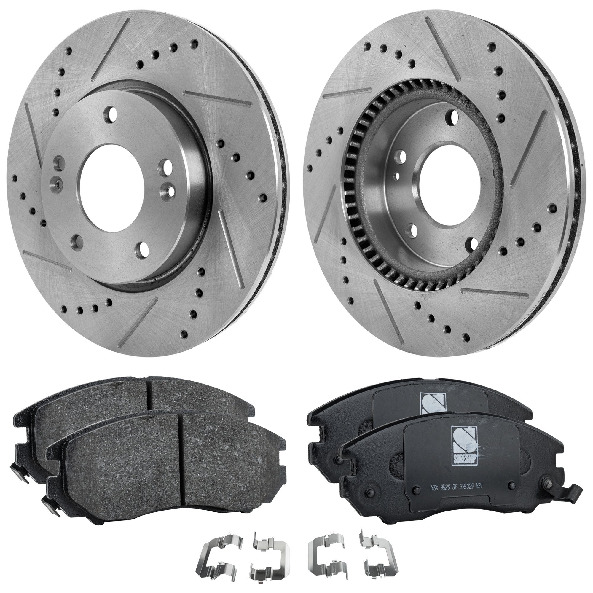 AM TIBURON 07-08 FRONT BRAKE DISC AND PAD KIT 2 Wheel Set Cross drilled and Slotted 5 Lugs Cast Iron Organic SKU KIT 030124-24 OEM 25930-31337-31423-145504-88008