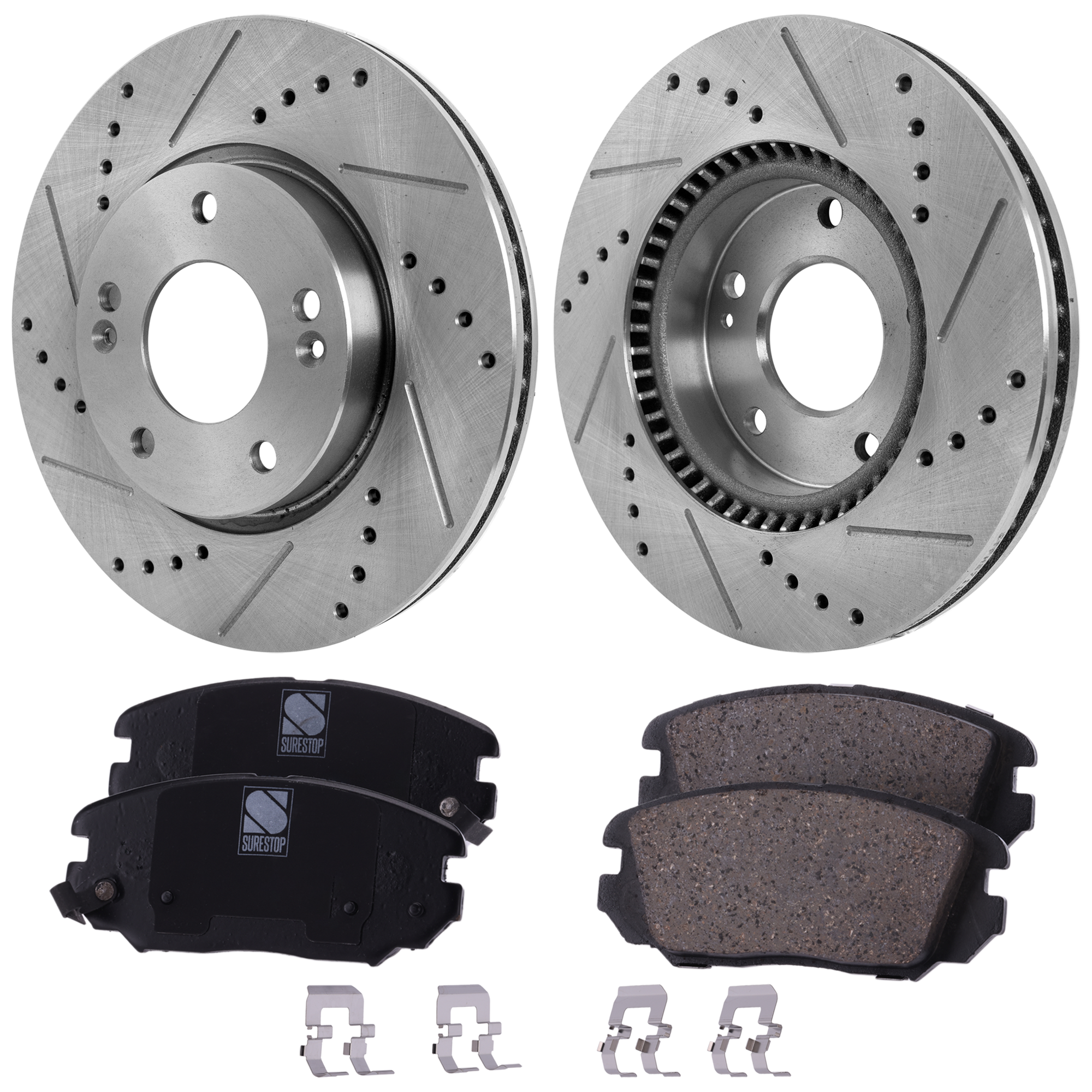 AM SONATA 06-10 FRONT BRAKE DISC AND PAD KIT 2 Wheel Set Cross drilled and Slotted 5 Lugs Cast Iron Ceramic SKU KIT 030124-25 OEM 25930-31337-31423-145504-8