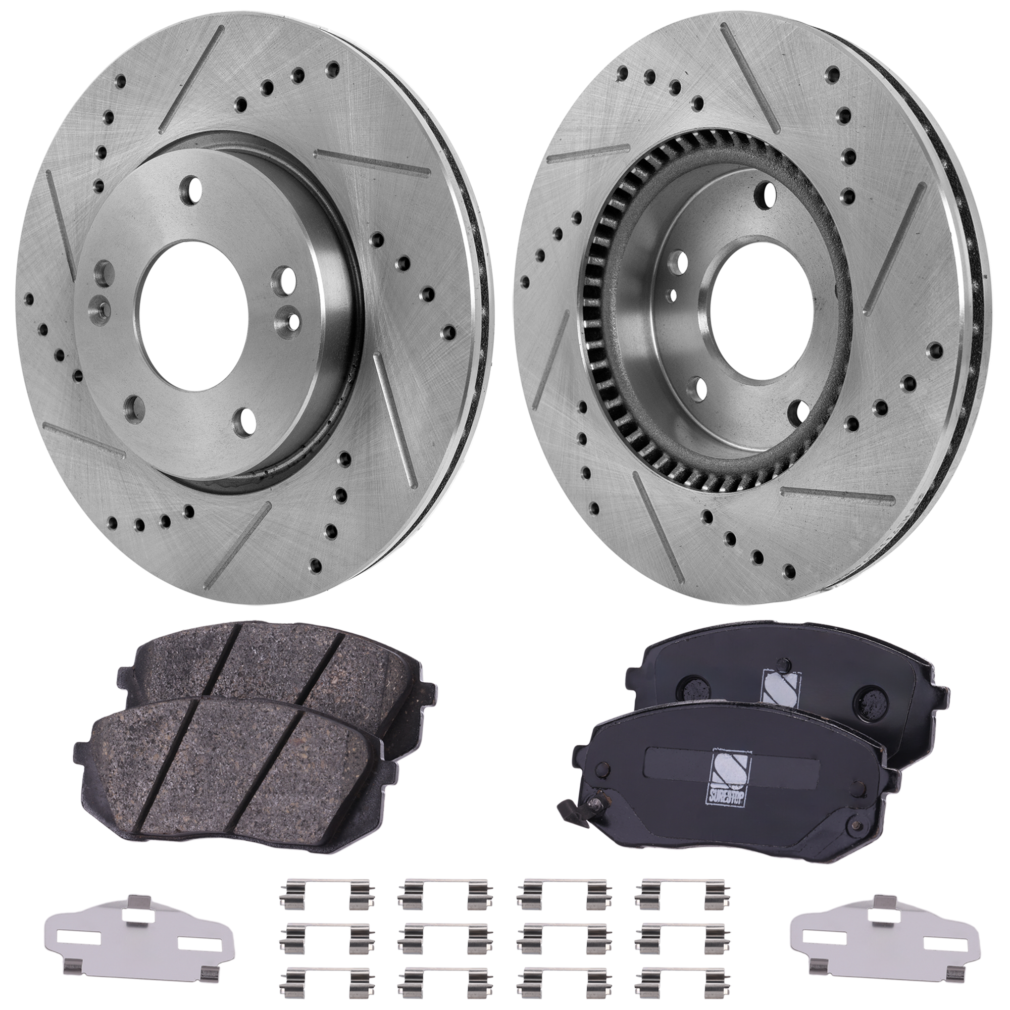 AM SPORTAGE 11-11 FRONT BRAKE DISC AND PAD KIT 2 Wheel Set Cross drilled and Slotted 5 Lugs Cast Iron Ceramic SKU KIT 030124-26 OEM 25930-31337-31423-145504-8