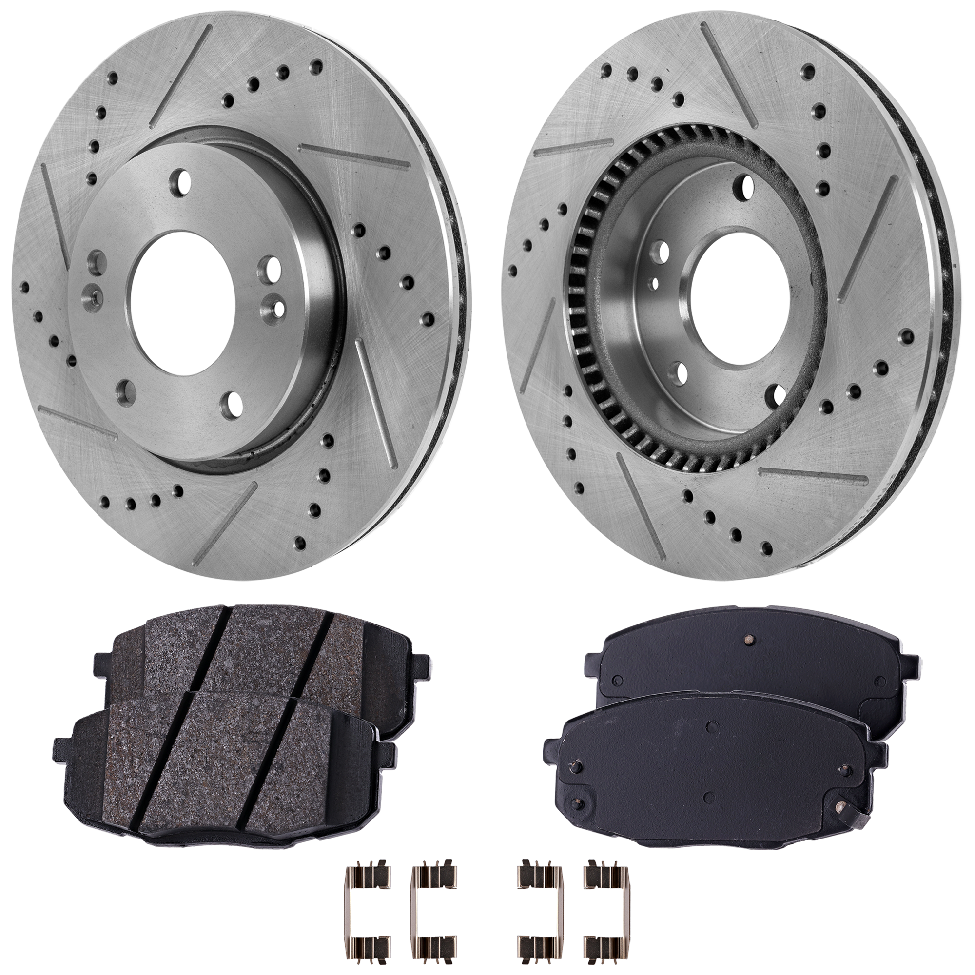 AM ELANTRA 09-11 FRONT BRAKE DISC AND PAD KIT 2 Wheel Set Cross drilled and Slotted 5 Lugs Cast Iron Ceramic SKU KIT 030124-28 OEM 25930-31337-31423-145504-8