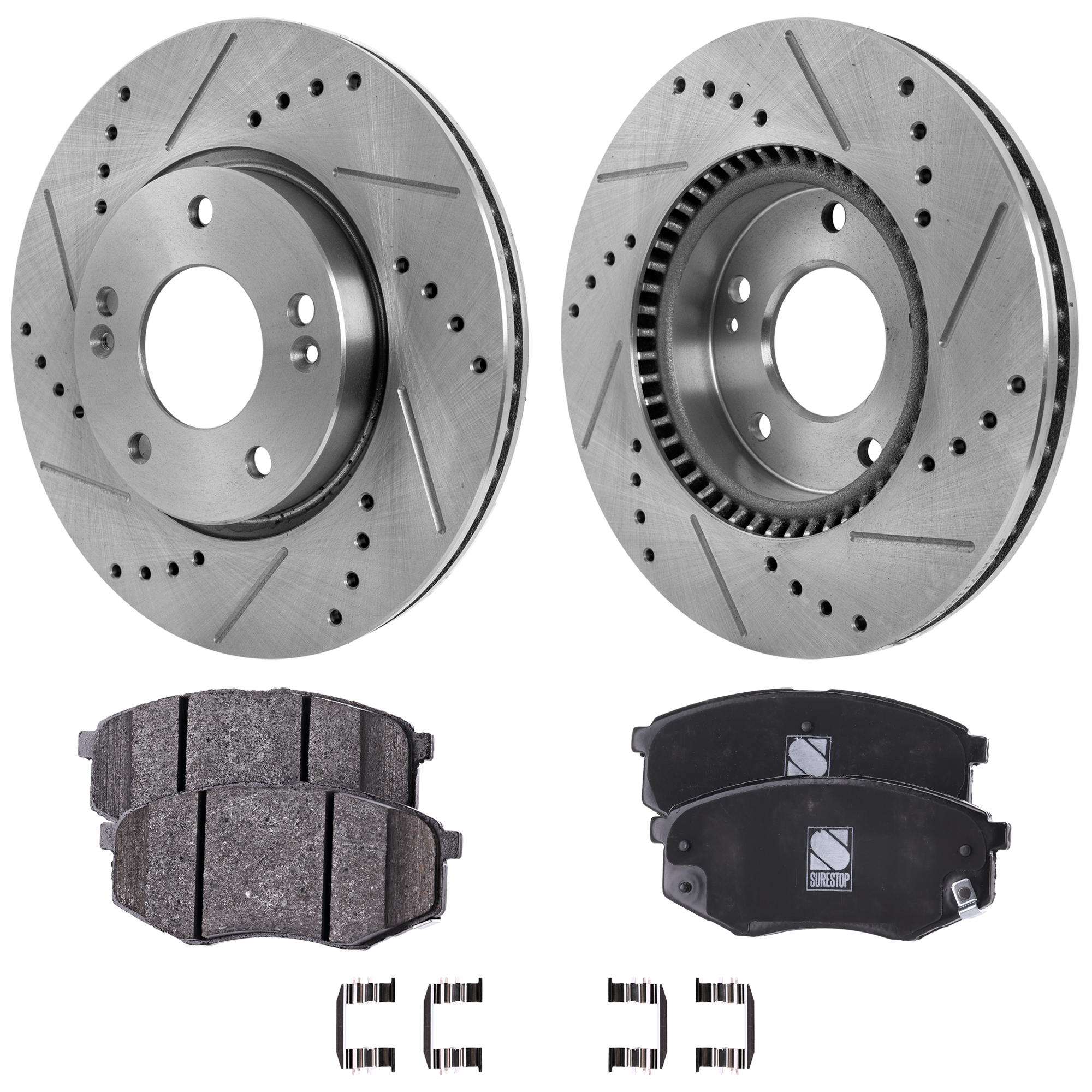 AM SPORTAGE 11-11 TUCSON 10-11 FRONT BRAKE DISC AND PAD KIT 2 Wheel Set Cross drilled and Slotted 5 Lugs Cast Iron Organic SKU KIT 030124-29 OEM 25930-31337-31423-145504-88008