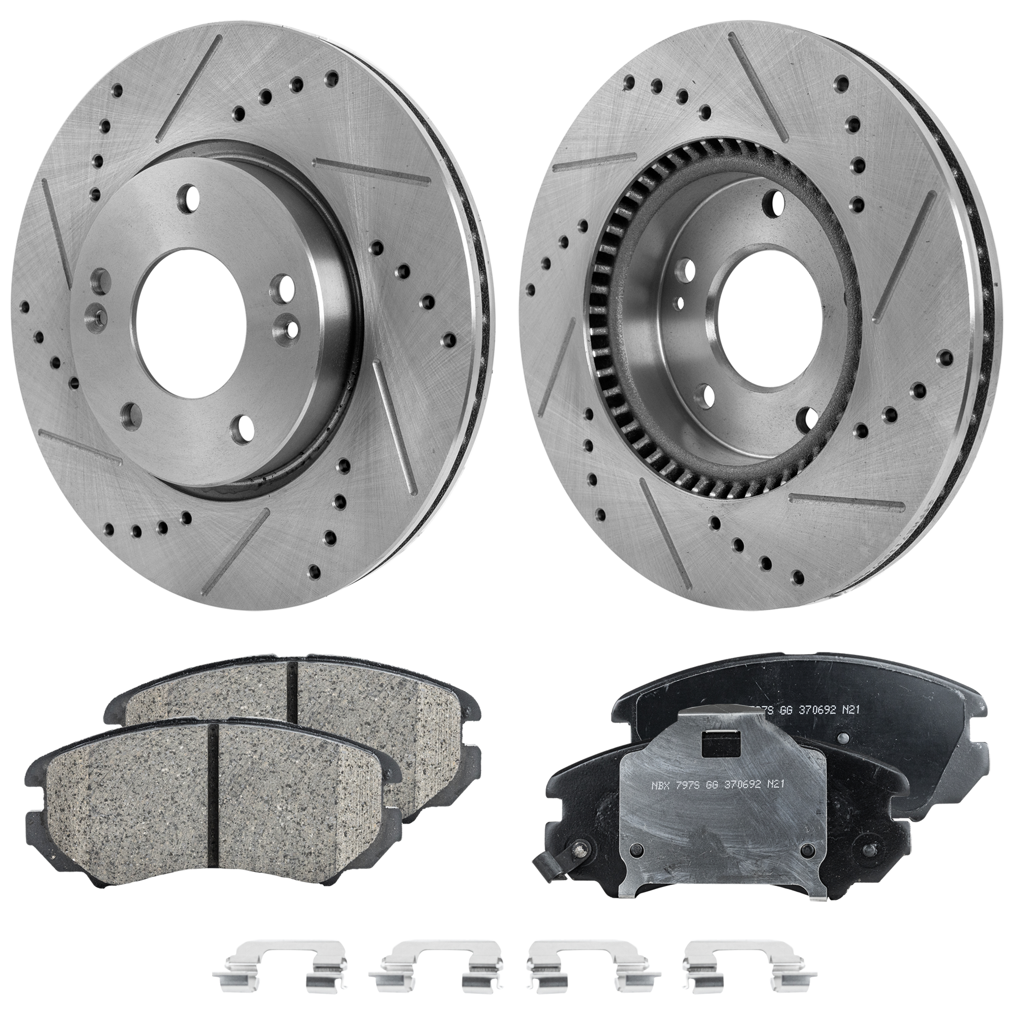 AM TIBURON 03-08 OPTIMA 06-10 FRONT BRAKE DISC AND PAD KIT 2 Wheel Set Cross drilled and Slotted 5 Lugs Cast Iron Ceramic SKU KIT 030124-30 OEM 25930-31337-31423-145504-88008