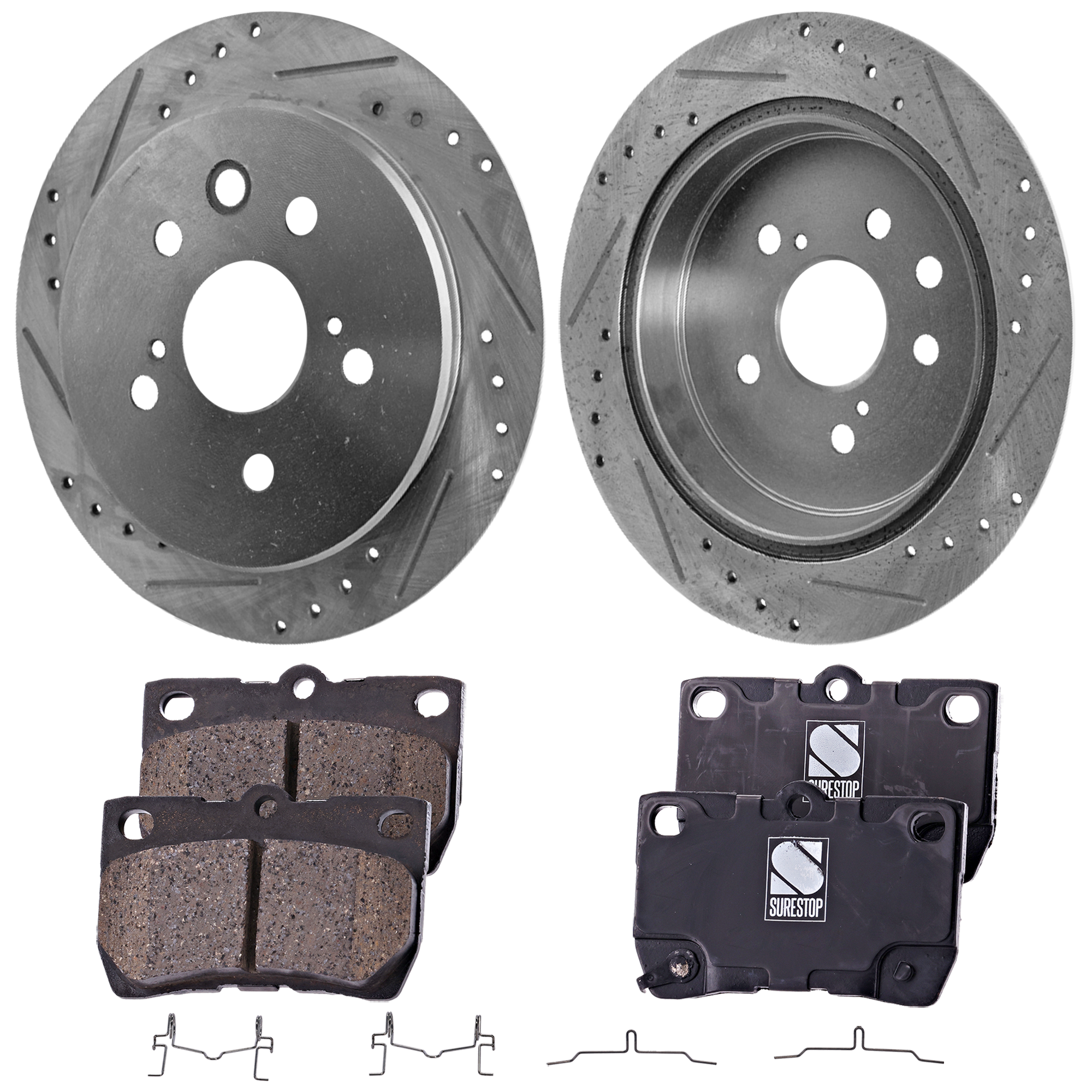 AM IS250-06-13 REAR BRAKE DISC AND PAD KIT 4 pc Kit Cross drilled and Slotted 5 Lugs Cast Iron Ceramic SKU KIT 030124-31 OEM 31447-44665-900550-60075016-31