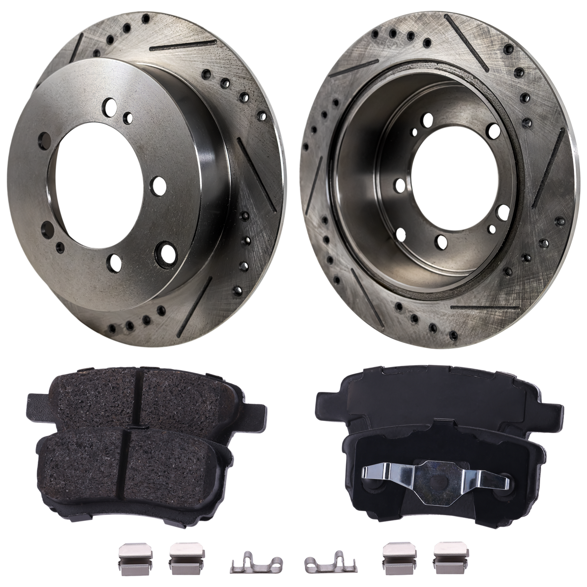 AM LANCER 04-06 OUTLANDER 05-06 REAR BRAKE DISC AND PAD KIT 2 Wheel Set Cross drilled and Slotted 5 Lugs Cast Iron Ceramic SKU KIT 030124-34 OEM 19870-31147-63600-76627-86506