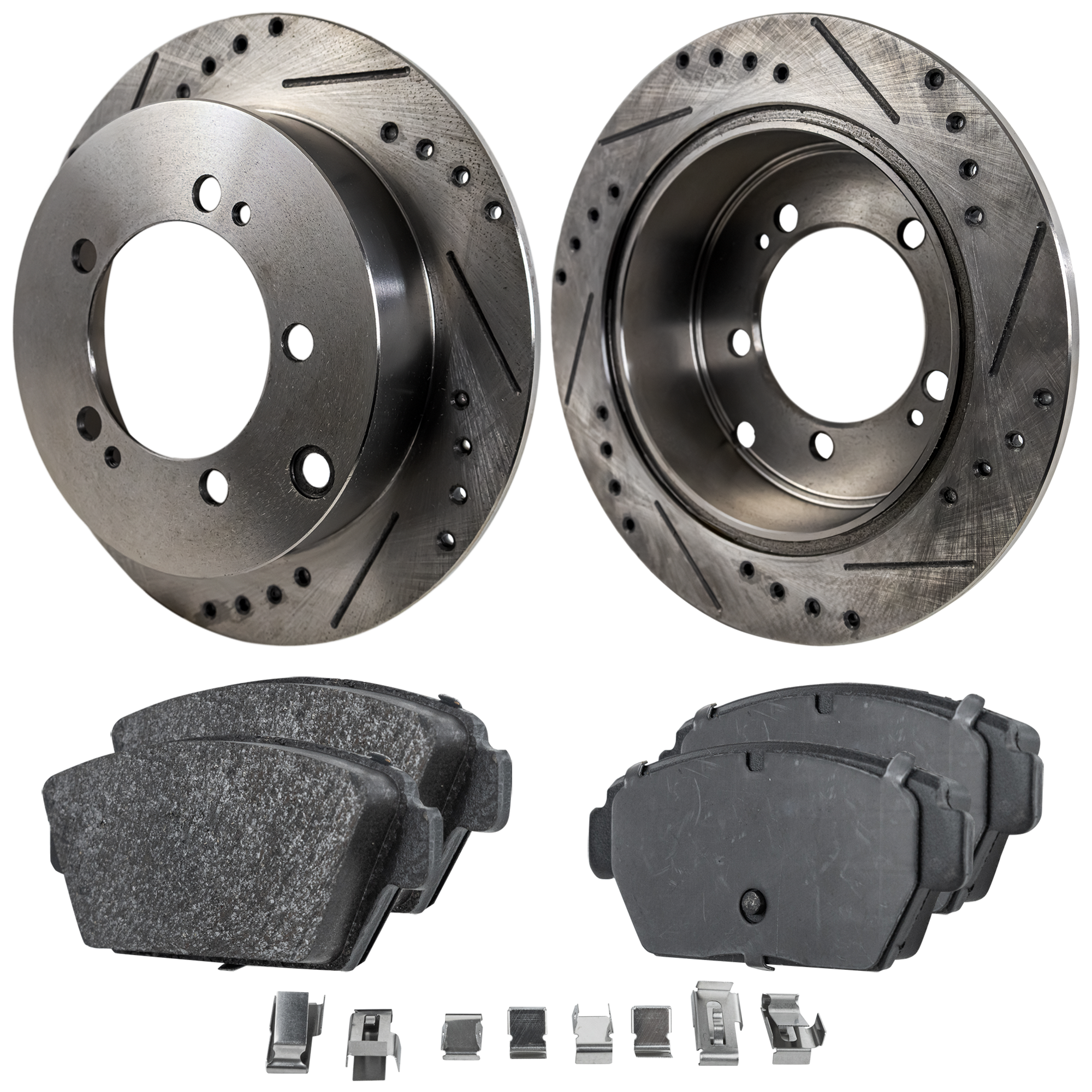 AM ECLIPSE 94-94 REAR BRAKE DISC AND PAD KIT 2 Wheel Set Cross drilled and Slotted 5 Lugs Cast Iron Organic SKU KIT 030124-35 OEM 19870-31147-63600-76627-86506
