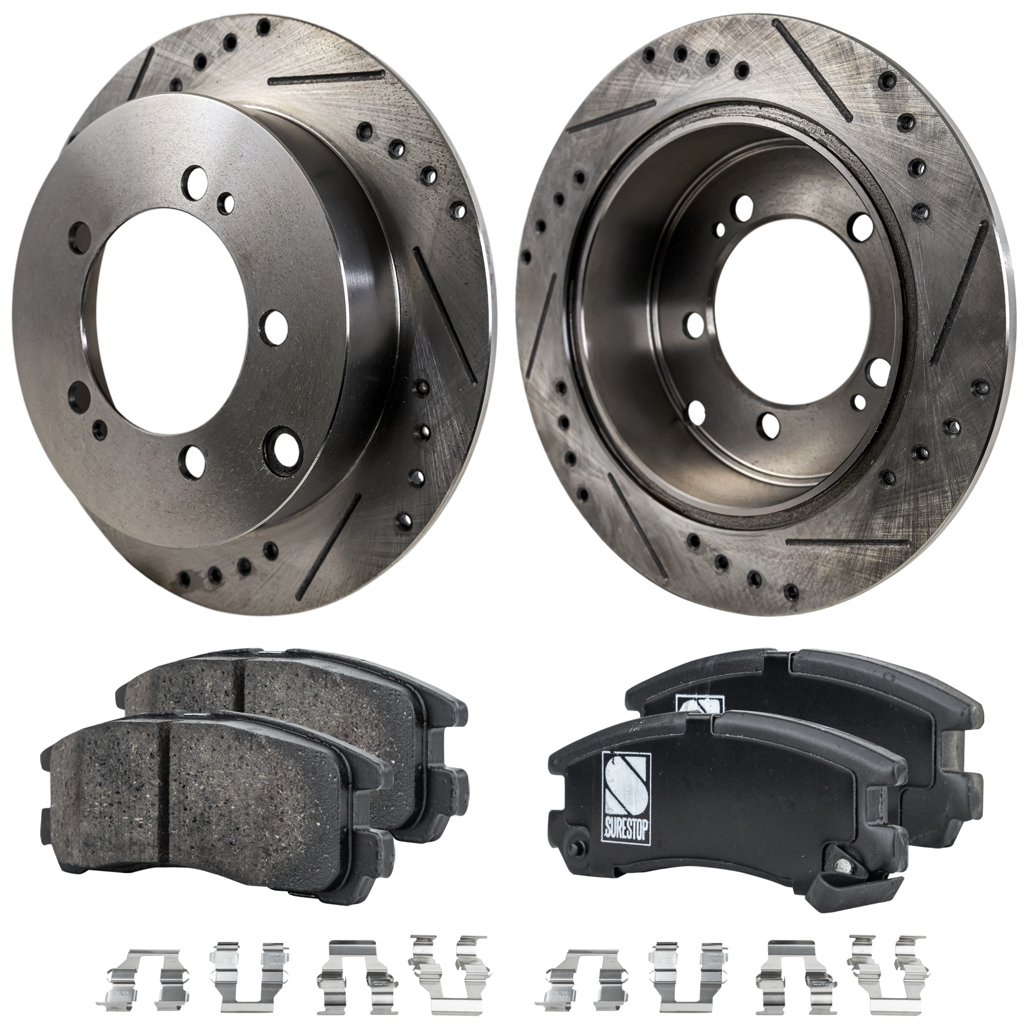 AM SEBRING 95-05 STRATUS 01-05 REAR BRAKE DISC AND PAD KIT 2 Wheel Set Cross drilled and Slotted 5 Lugs Cast Iron Ceramic SKU KIT 030124-36 OEM 19870-31147-63600-76627-86506