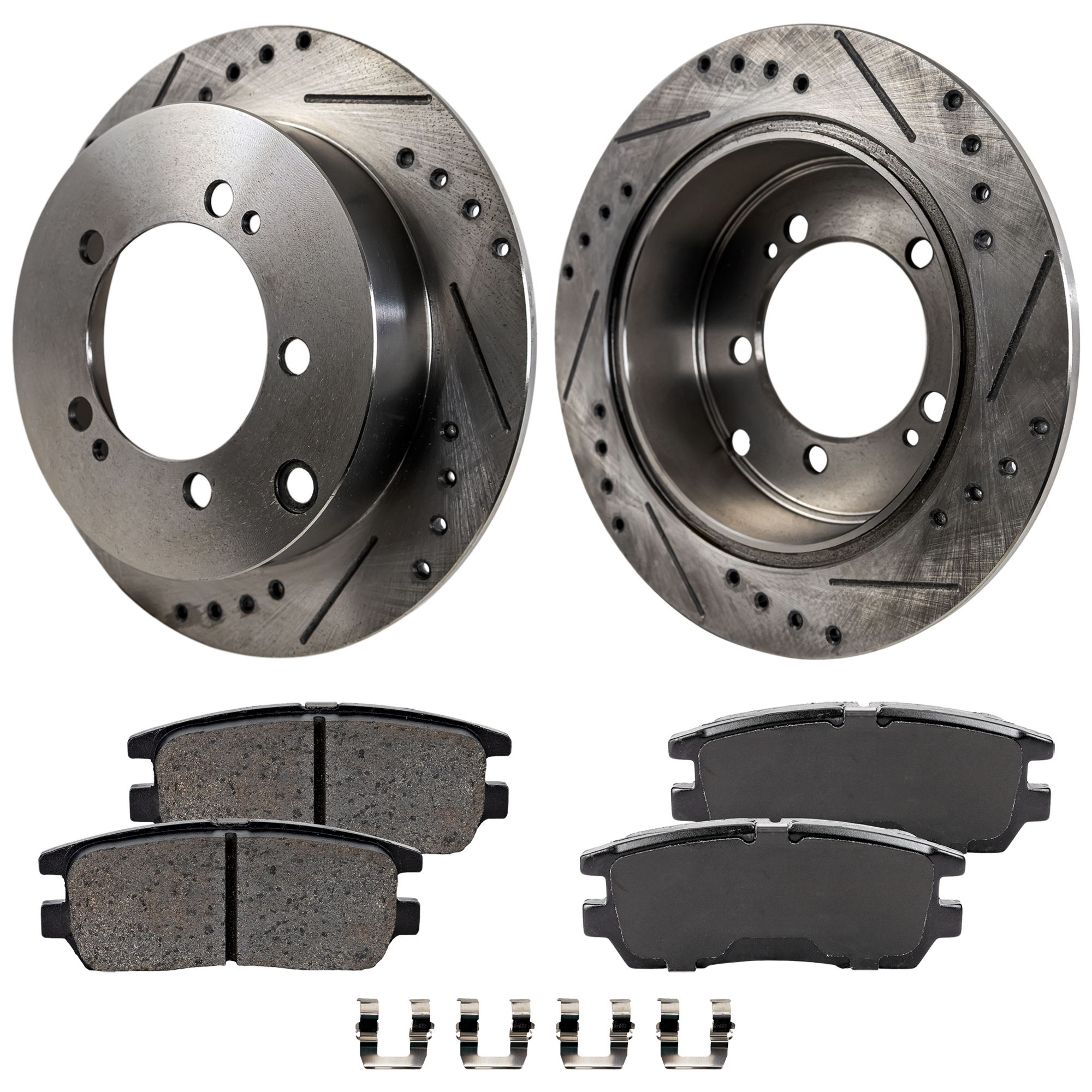 AM TALON 95-96 REAR BRAKE DISC AND PAD KIT 2 Wheel Set Cross drilled and Slotted 5 Lugs Cast Iron Semi Metallic SKU KIT 030124-38 OEM 19870-31147-63600-76627-86506