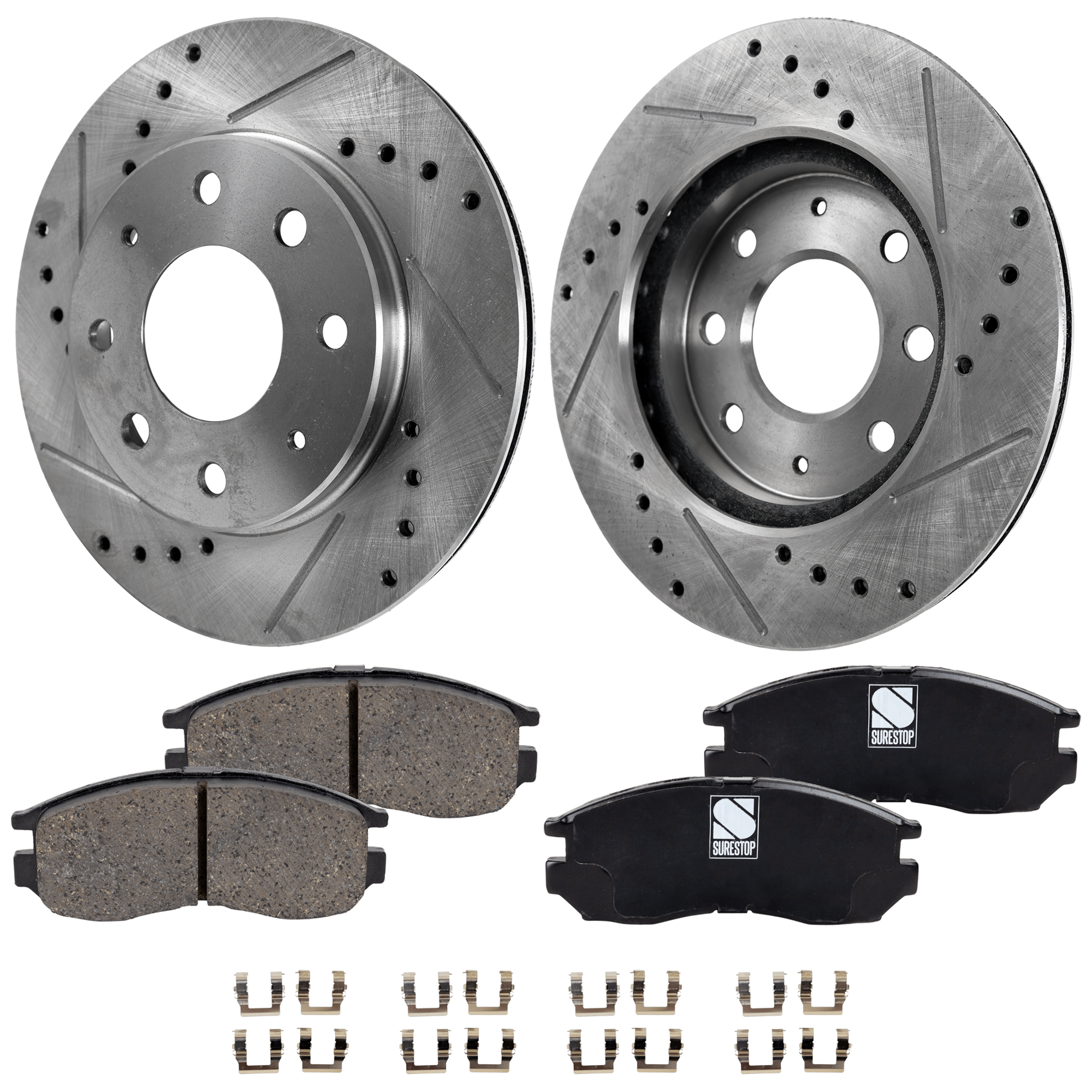 AM GALANT 90-98 SUMMIT 93-95 FRONT BRAKE DISC AND PAD KIT 2 Wheel Set Cross drilled and Slotted 4 Lugs Cast Iron Ceramic SKU KIT 030124-40 OEM 325-19333-19937-25364-3106