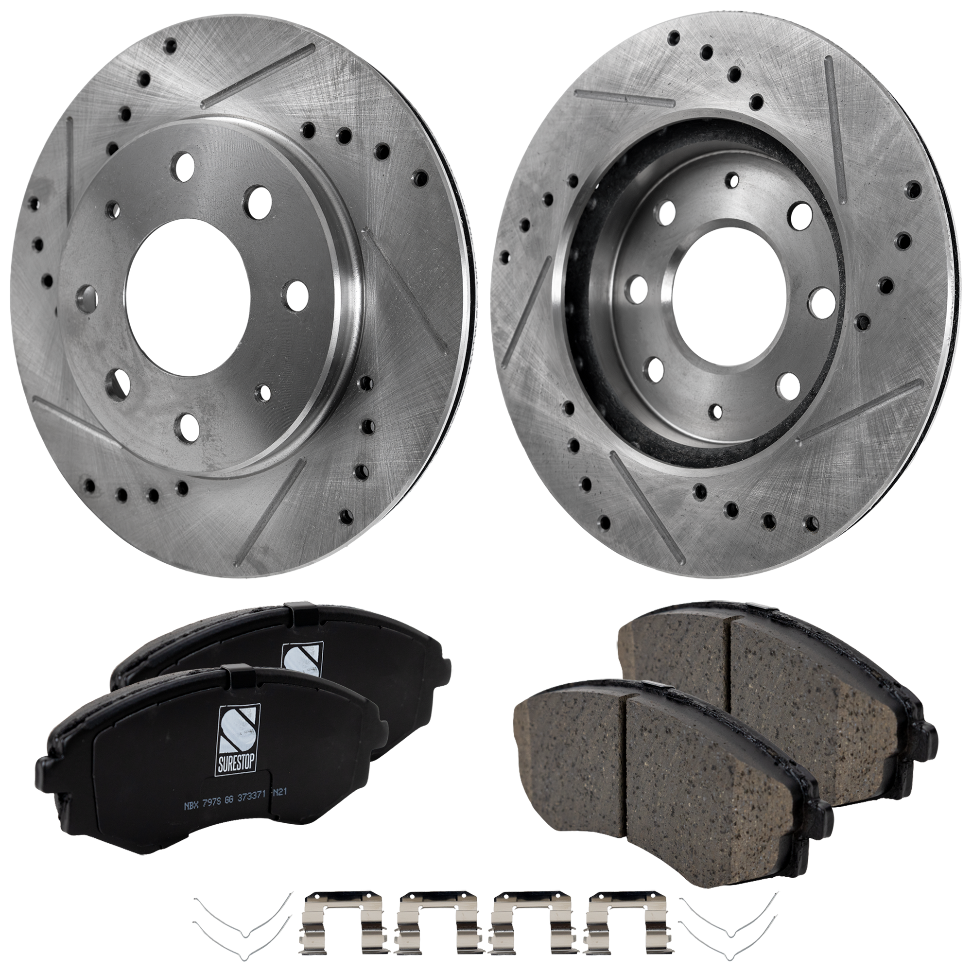 AM ELANTRA 98-98 TIBURON 99-99 FRONT BRAKE DISC AND PAD KIT 2 Wheel Set Cross drilled and Slotted 4 Lugs Cast Iron Ceramic SKU KIT 030124-43 OEM 325-19333-19937-25364-3106