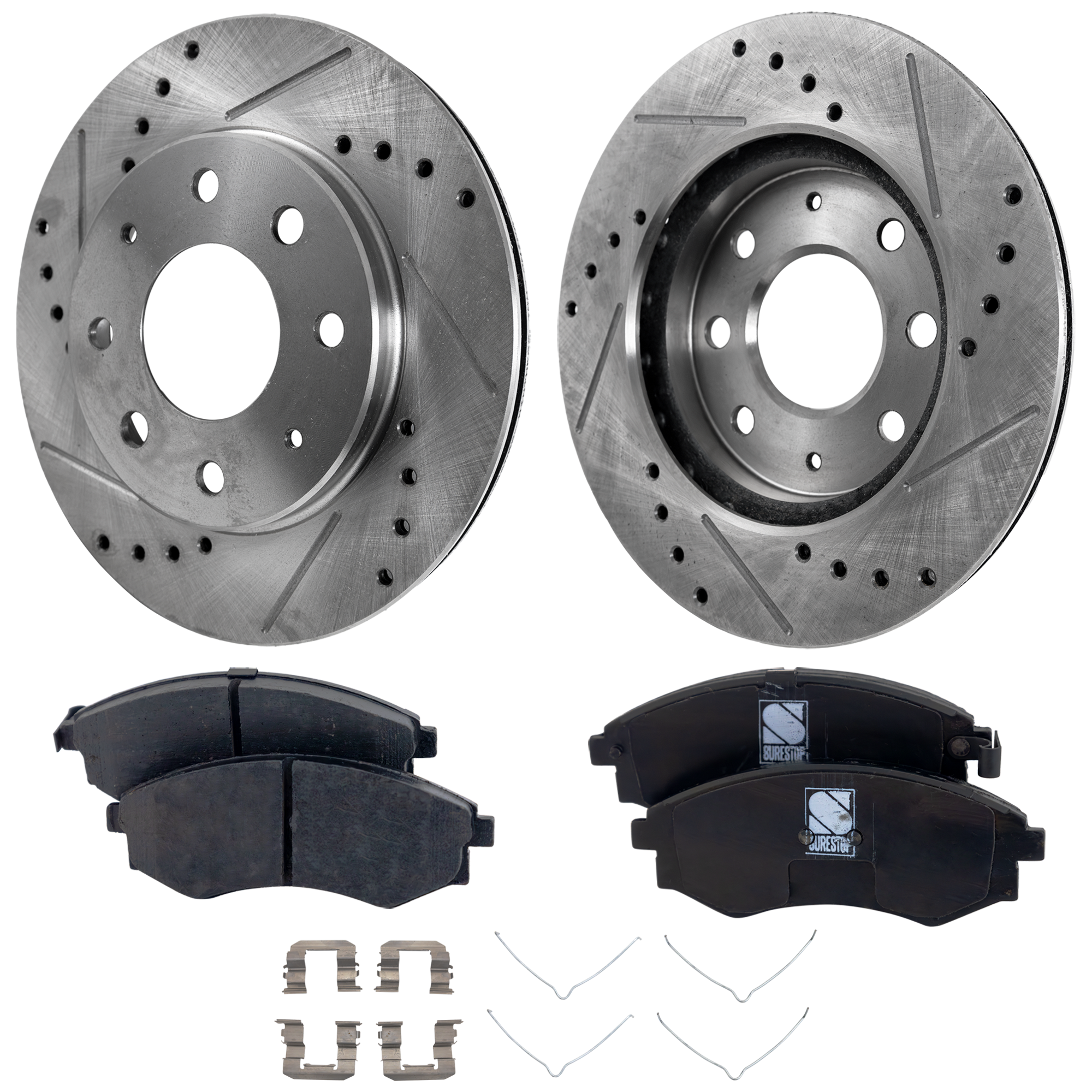 AM ELANTRA 01-01 SONATA 99-01 FRONT BRAKE DISC AND PAD KIT 2 Wheel Set Cross drilled and Slotted 4 Lugs Cast Iron Ceramic SKU KIT 030124-46 OEM 325-19333-19937-25364-3106