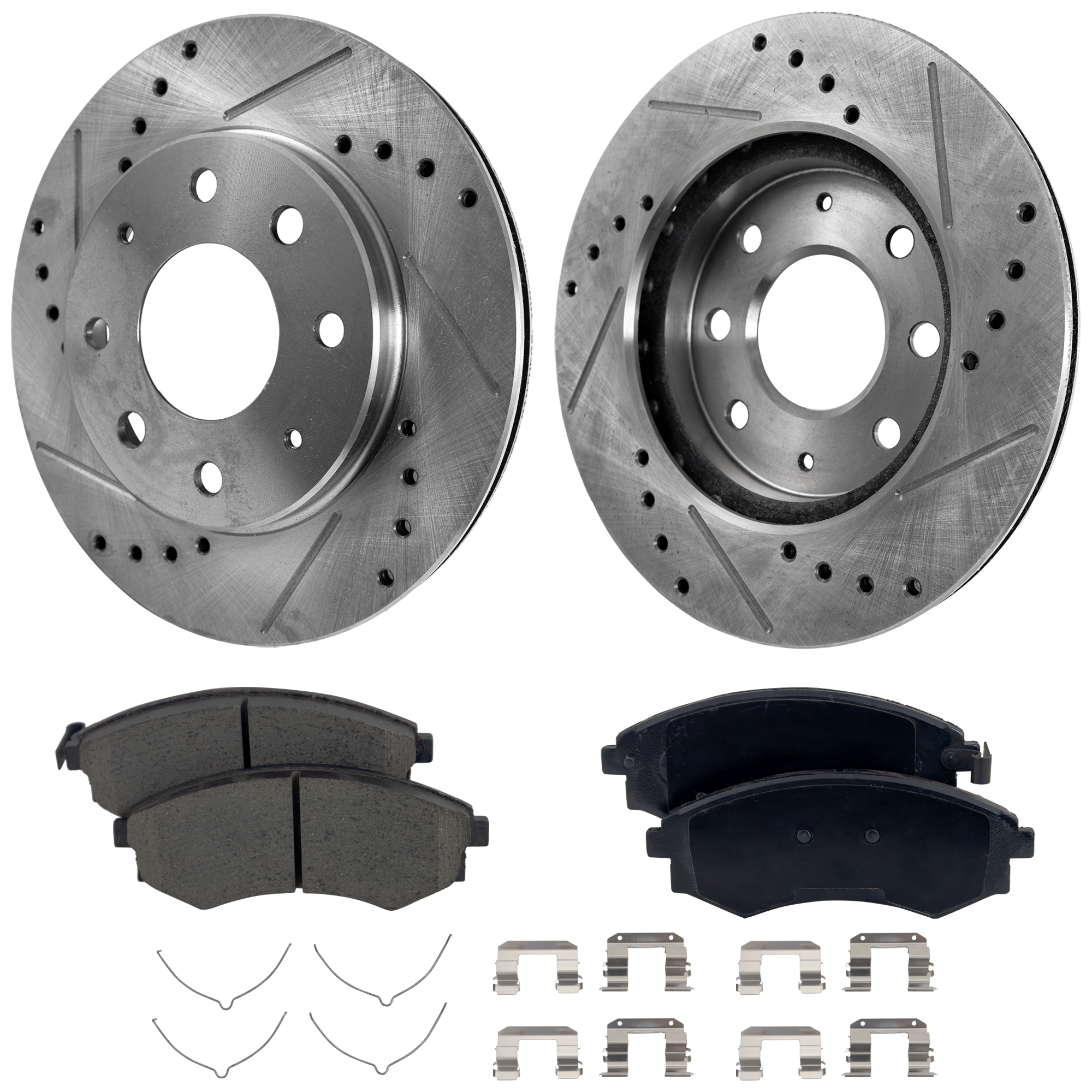 AM ELANTRA 99-06 TIBURON 00-01 FRONT BRAKE DISC AND PAD KIT 2 Wheel Set Cross drilled and Slotted 4 Lugs Cast Iron Ceramic SKU KIT 030124-47 OEM 325-19333-19937-25364-3106