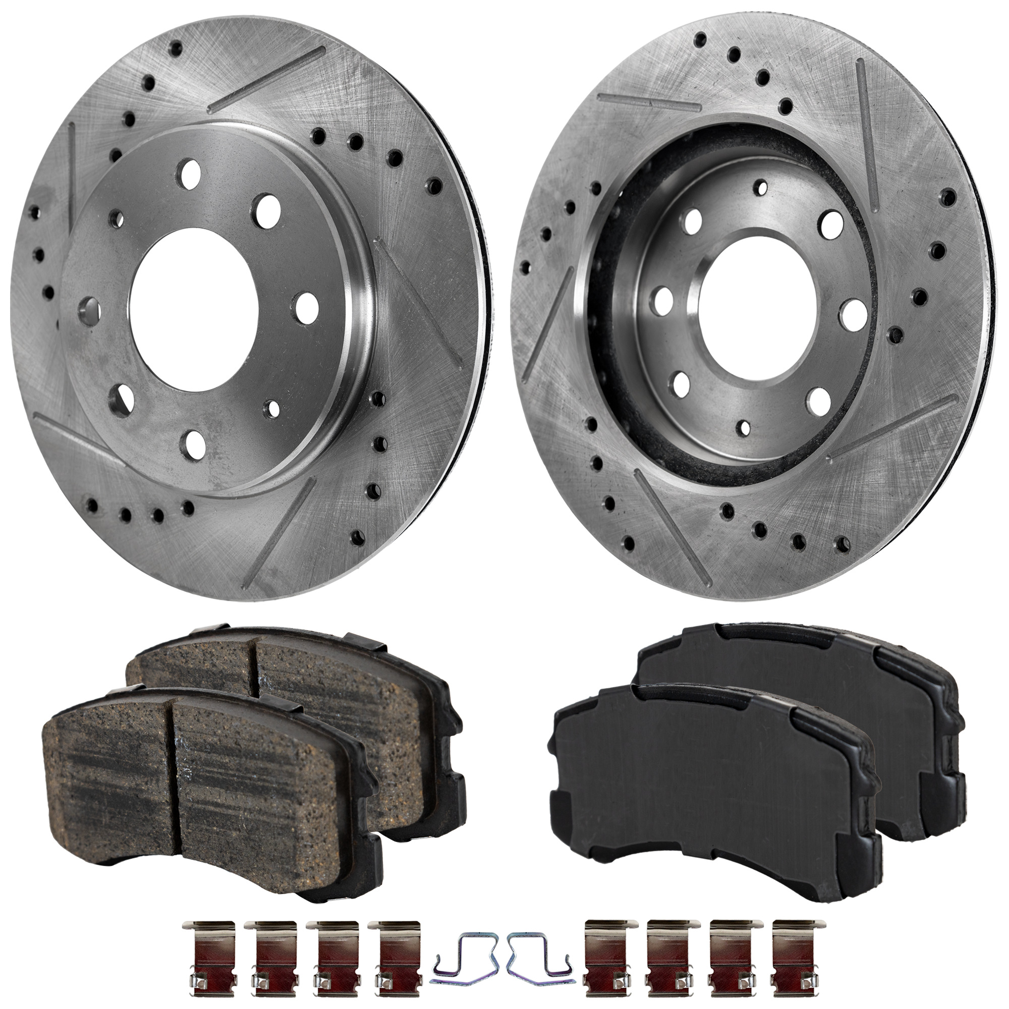 AM LANCER 02-07 FRONT BRAKE DISC AND PAD KIT 2 Wheel Set Cross drilled and Slotted 4 Lugs Cast Iron Ceramic SKU KIT 030124-48 OEM 325-19333-19937-25364-3106