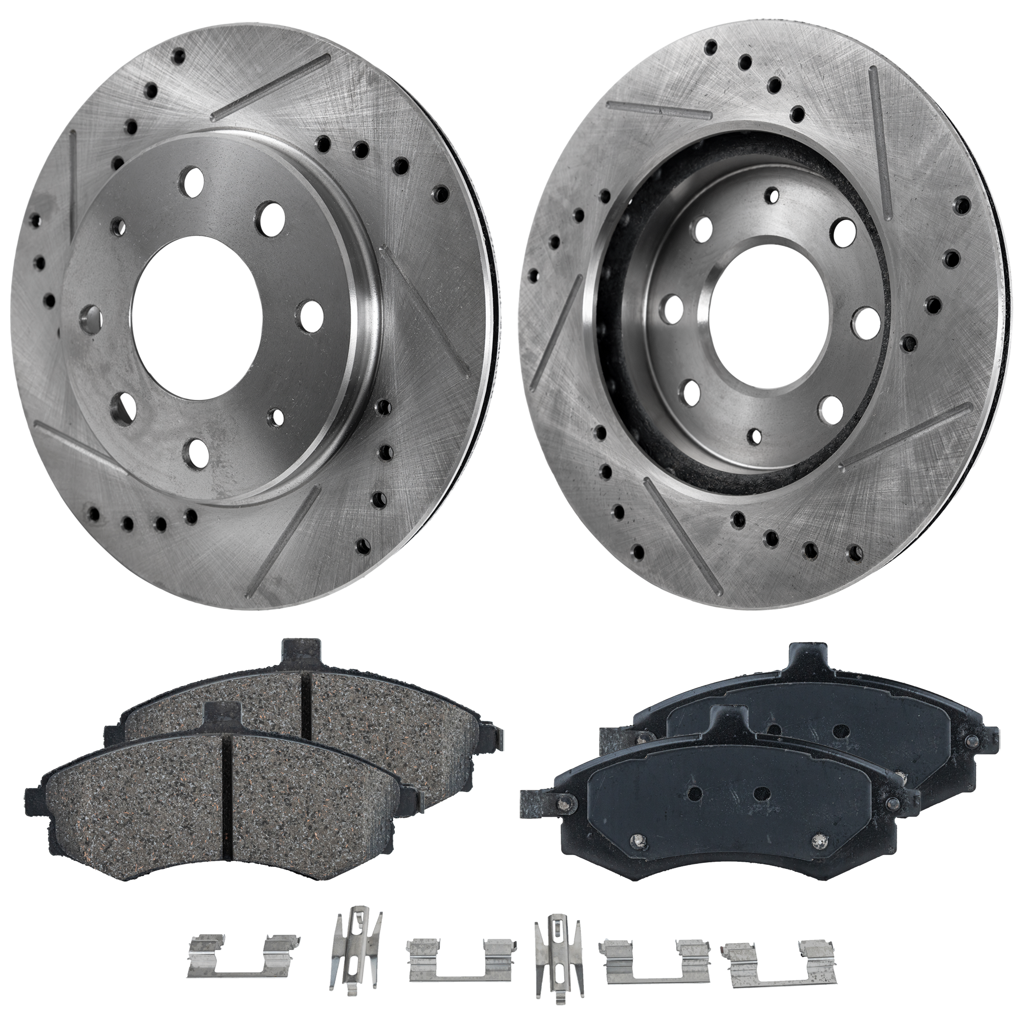 AM ELANTRA 02-06 FRONT BRAKE DISC AND PAD KIT 2 Wheel Set Cross drilled and Slotted 4 Lugs Cast Iron Ceramic SKU KIT 030124-49 OEM 325-19333-19937-25364-3106