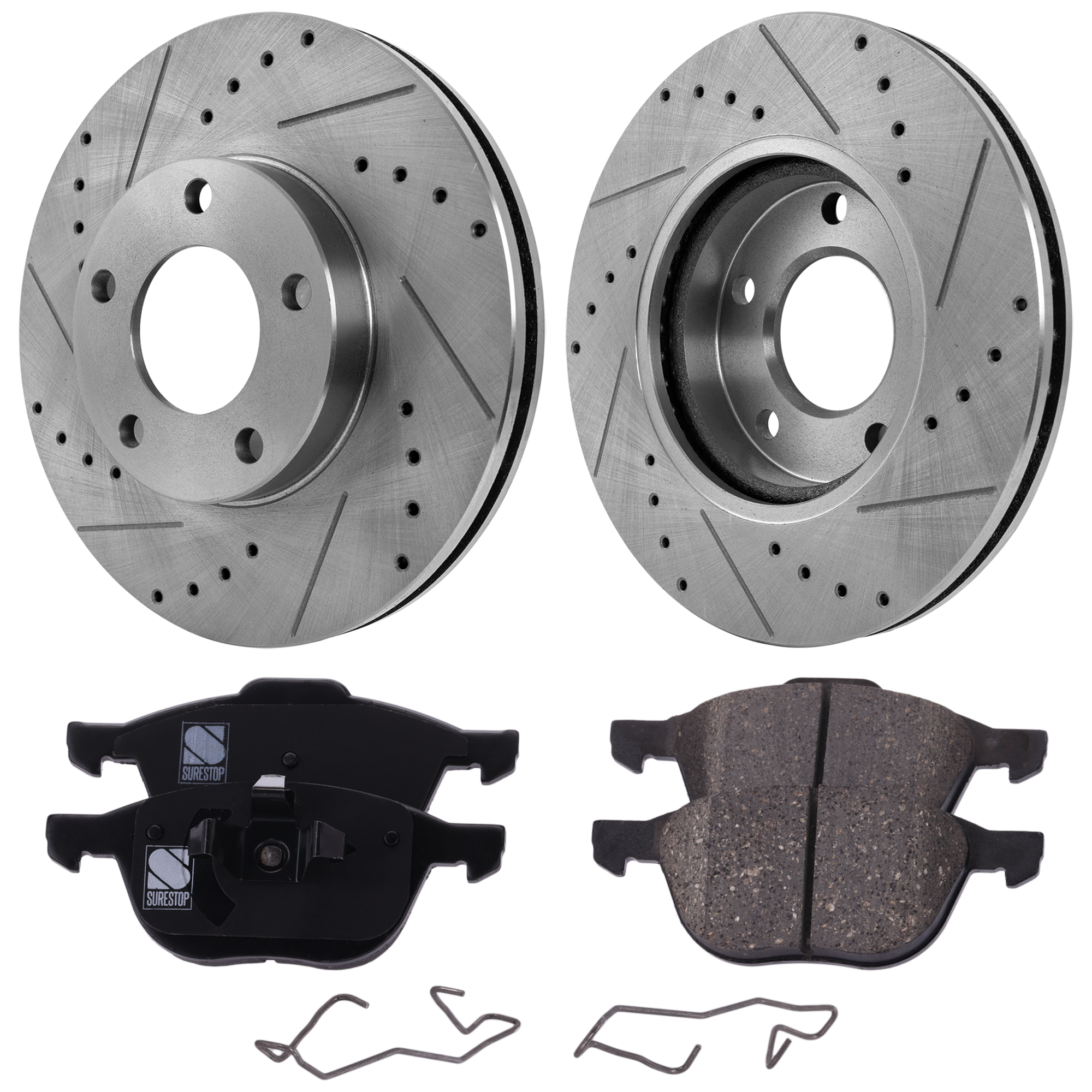 AM MAZDA 3-04-06 FRONT BRAKE DISC AND PAD KIT 2 Wheel Set Cross drilled and Slotted 5 Lugs Cast Iron Ceramic SKU KIT 030124-50 OEM 31373-48880295-60080041-31373G