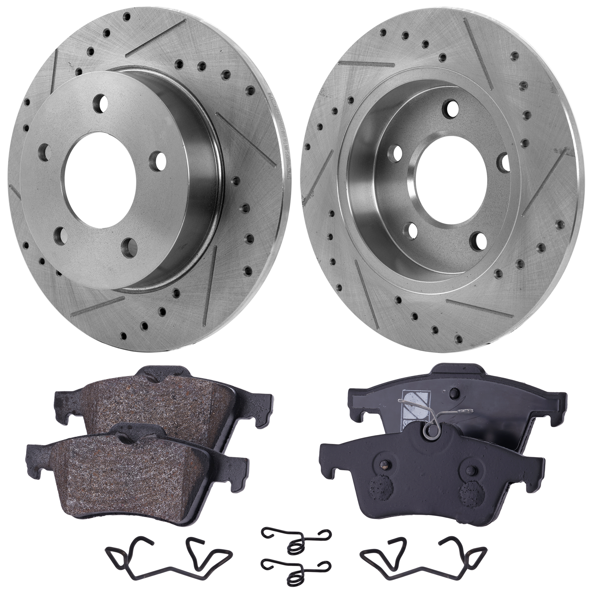 AM MAZDA 3-04-13 REAR BRAKE DISC AND PAD KIT 2 Wheel Set Cross drilled and Slotted 5 Lugs Cast Iron Organic SKU KIT 030124-53 OEM 31365-0833058-980285-48880285