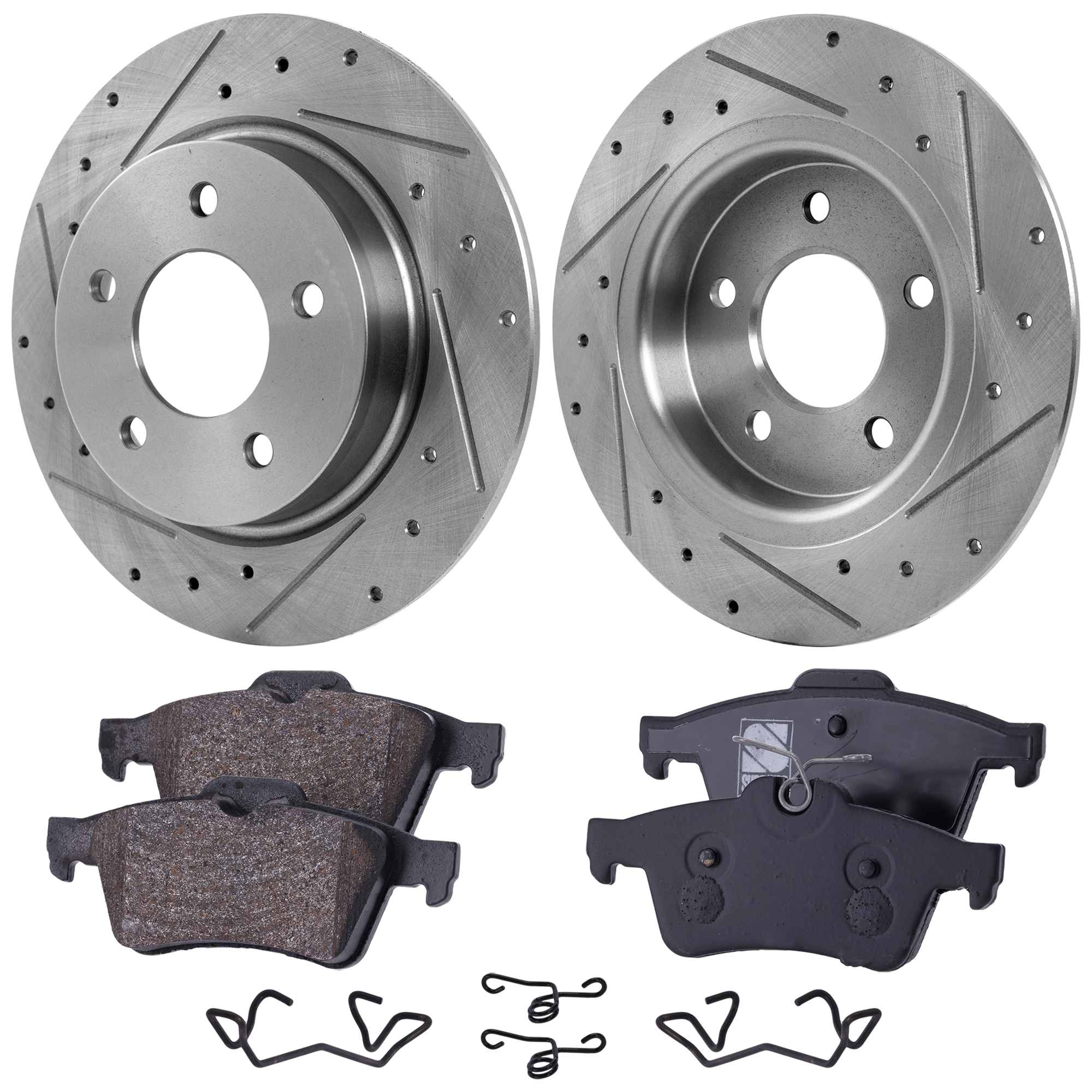AM MAZDA 3-04-13 REAR BRAKE DISC AND PAD KIT 2 Wheel Set Cross drilled and Slotted 5 Lugs Cast Iron Organic SKU KIT 030124-56 OEM 31366-48880287-60080040-31366G