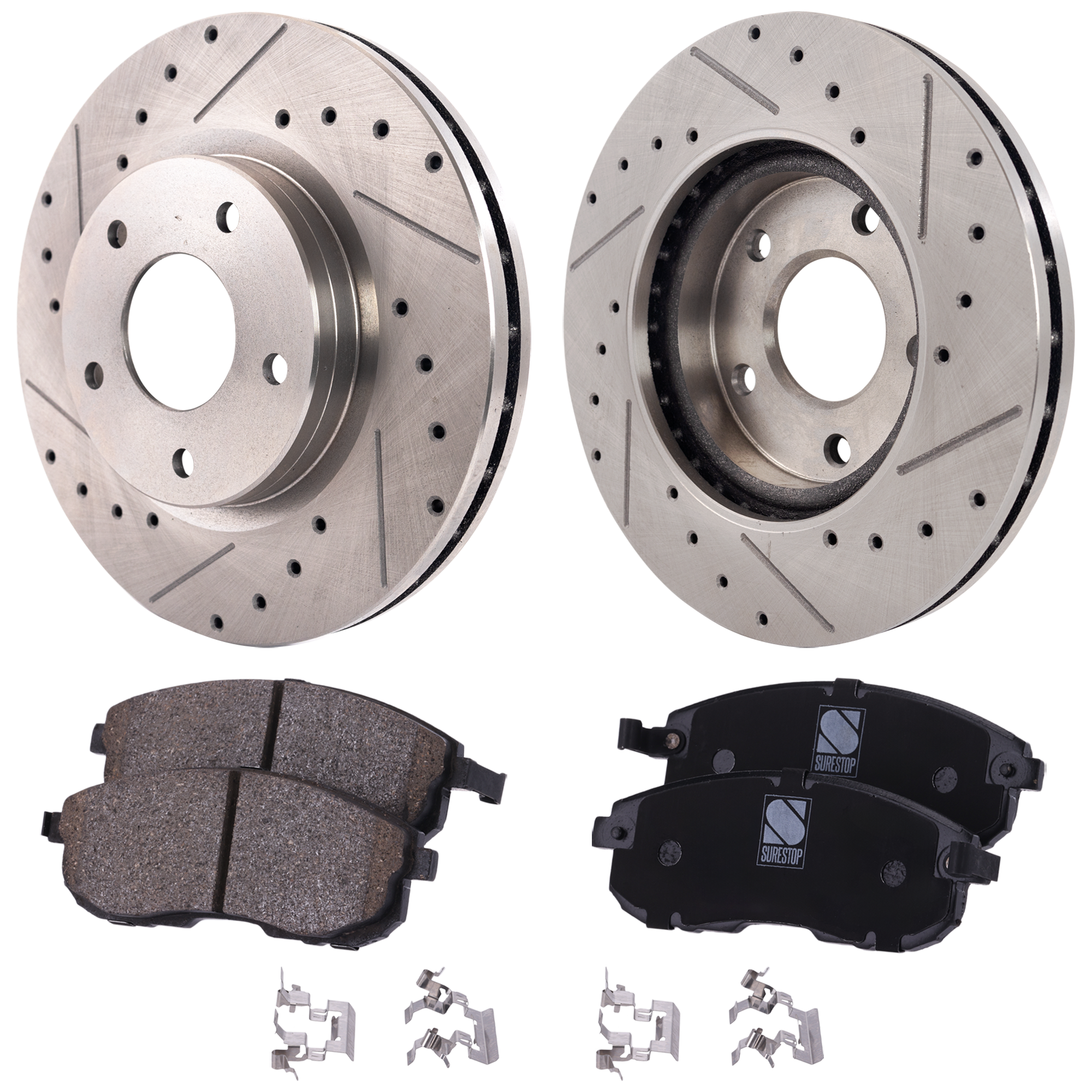 AM SENTRA 14-19 FRONT BRAKE DISC AND PAD KIT 4 pc Kit Cross drilled and Slotted 5 Lugs Cast Iron Ceramic SKU KIT 030124-63 OEM 44767-0833547-850374-60067064