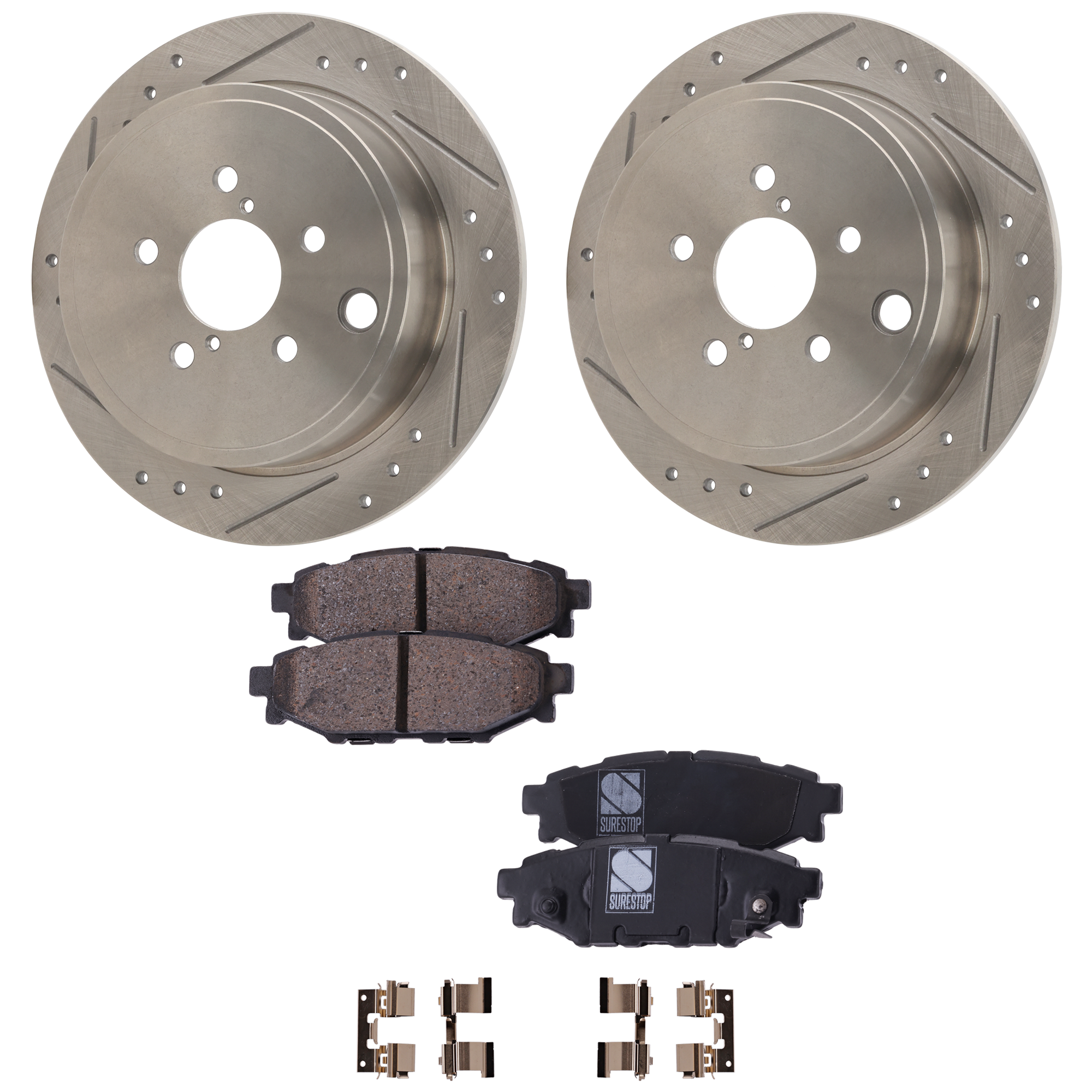 AM BRZ 13-15 LEGACY 10-14 REAR BRAKE DISC AND PAD KIT 2 Wheel Set Cross drilled and Slotted 5 Lugs Cast Iron Ceramic SKU KIT 030124-65 OEM 31-509-446-150-833-300-000-000-000