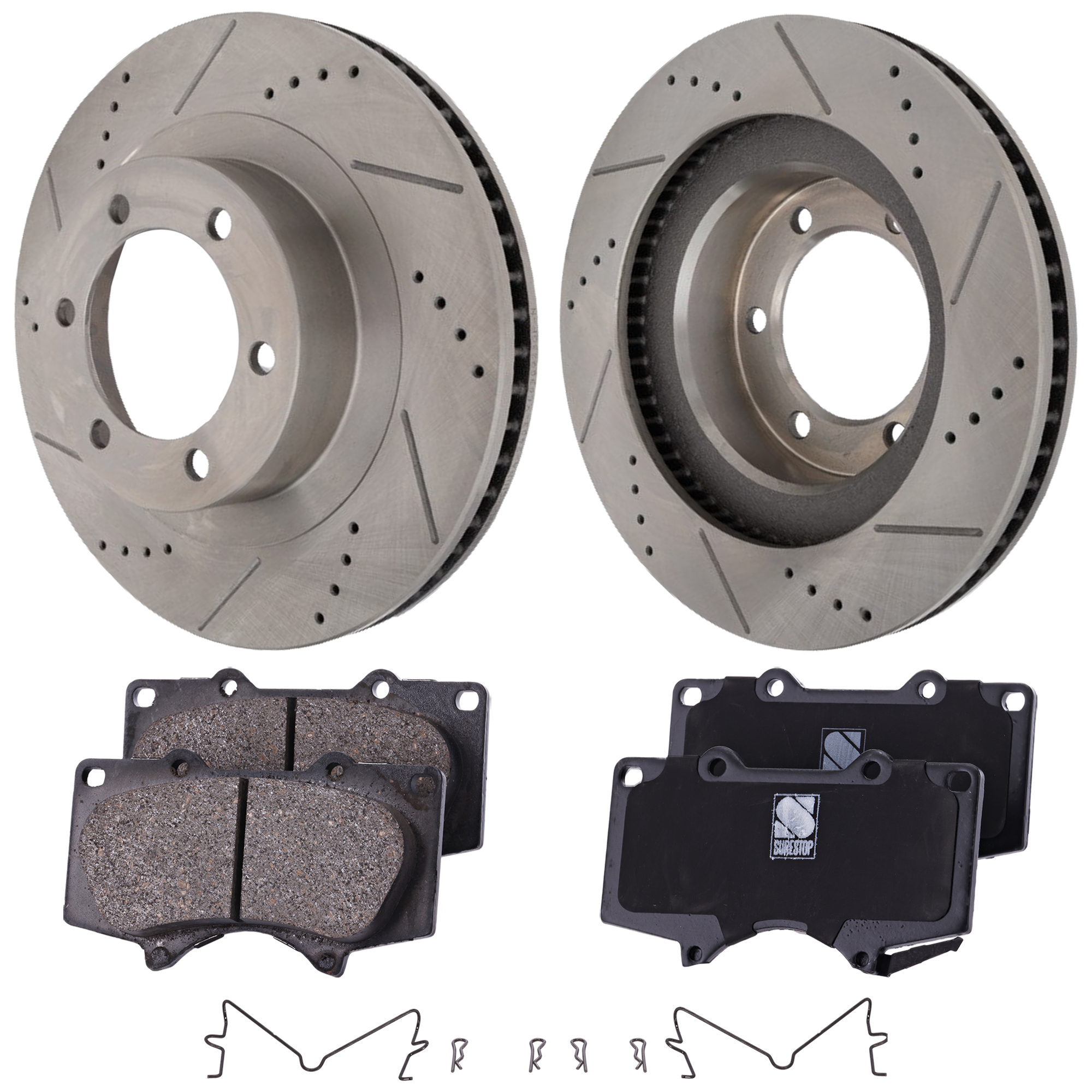 AM 4RUNNER GX470-03-09 FRONT BRAKE DISC AND PAD KIT 3 pc kit Cross drilled and Slotted 6 Lugs Cast Iron Ceramic SKU KIT 030124-67 OEM 31326-145457-479505-980160-488