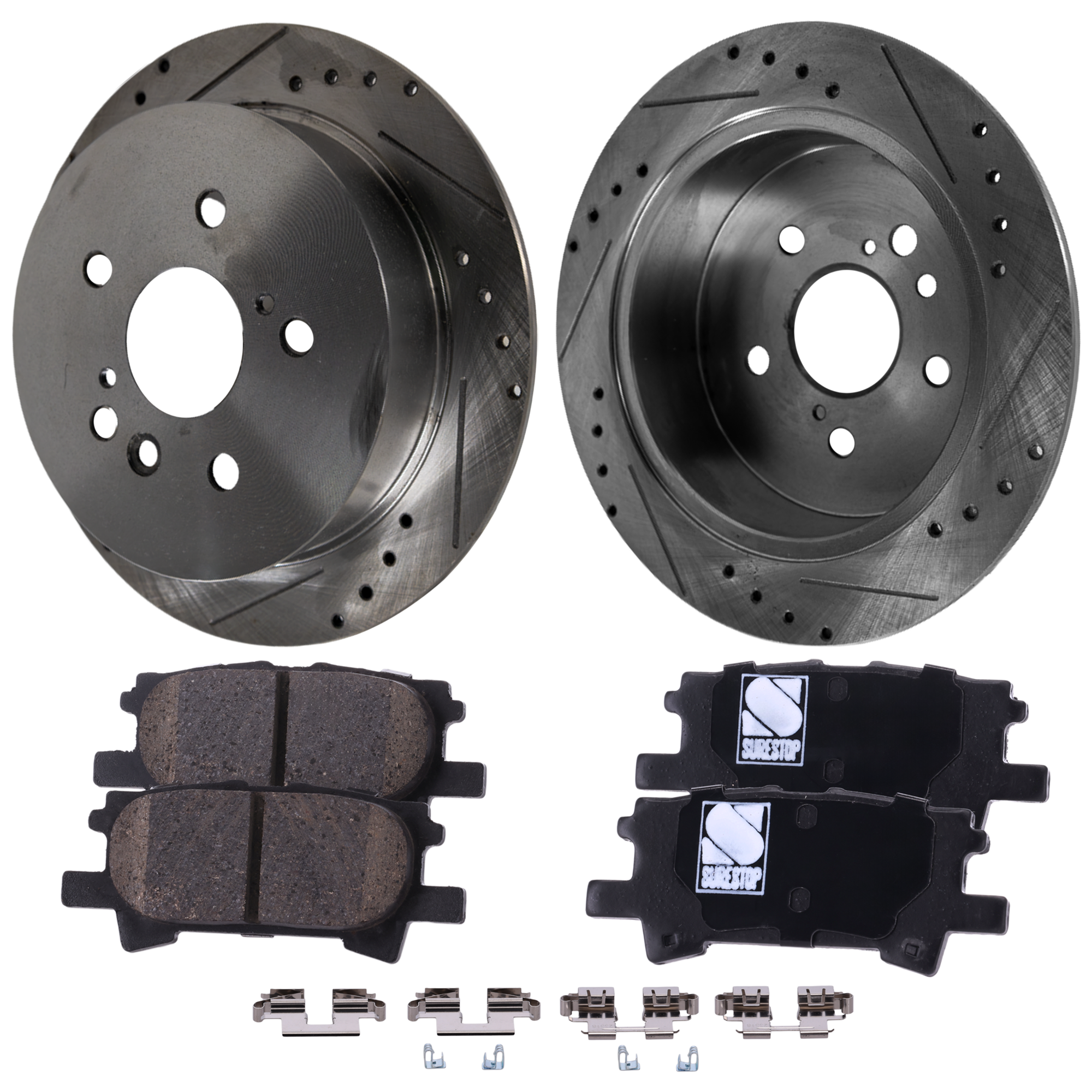 AM HIGHLANDER 04-07 RX350-07-09 REAR BRAKE DISC AND PAD KIT 2 Wheel Set Cross drilled and Slotted 5 Lugs Cast Iron Ceramic SKU KIT 030124-68 OEM 31356-145549-0832975-48880211