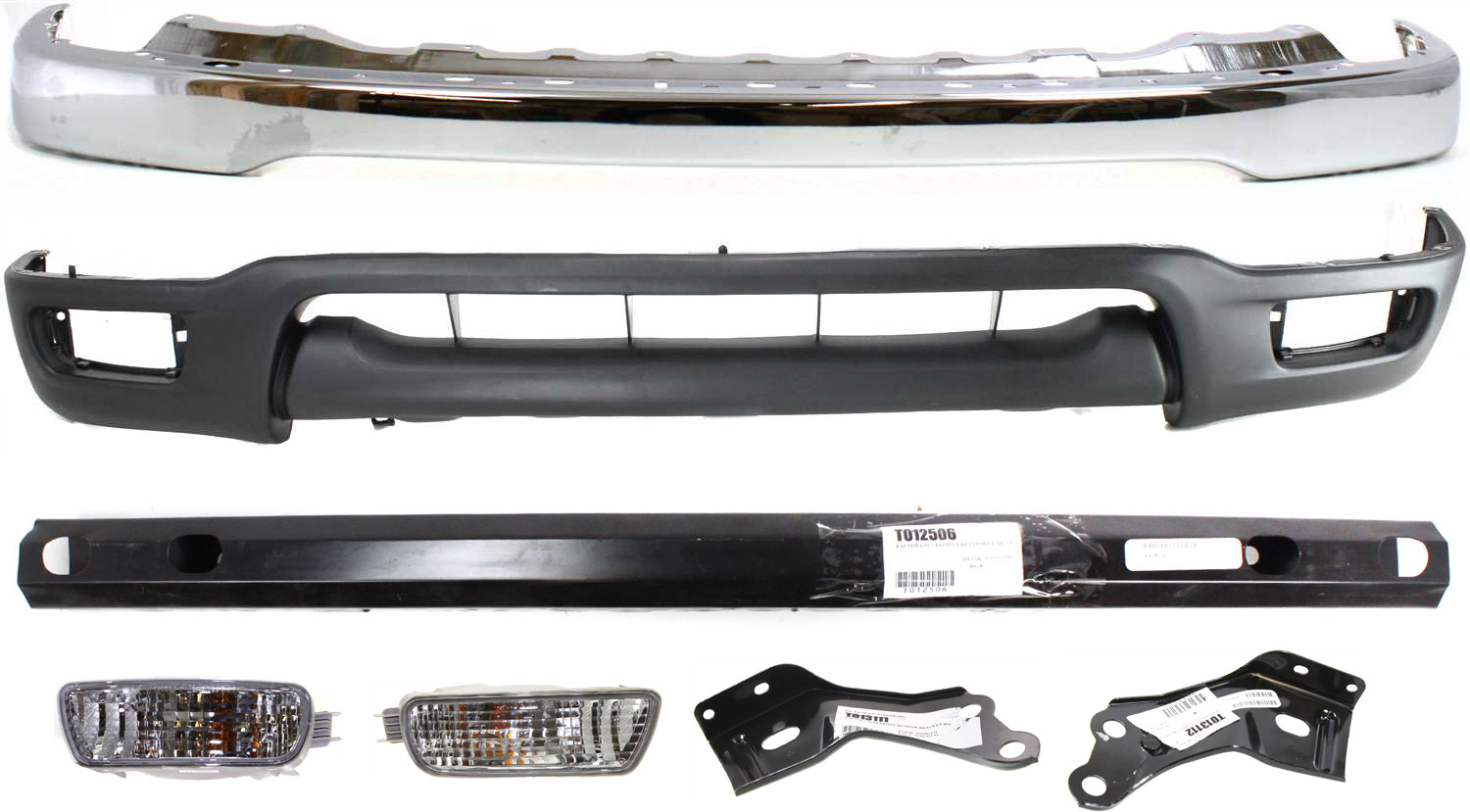 AM TACOMA 01-04 FRONT BUMPER 7 pc Kit with Bumper Bumper Reinforcement Lower Panel Bumper Brackets and Turn Signal Lights SKU KIT 030317-01 Partslink TO1002174 TO1066134 TO1067134 TO1006184 TO2530140 TO2531140 TO1095196 OEM 52101AD030-52142AD020-52141AD0