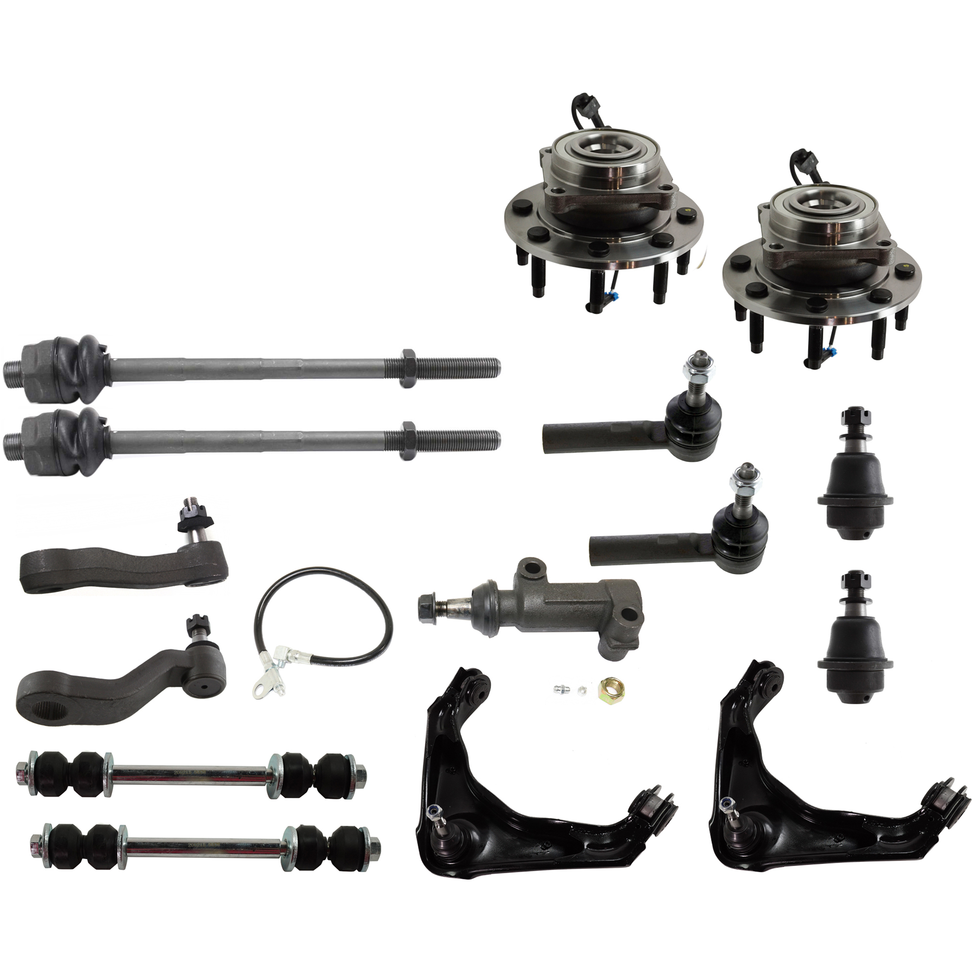 AM SIERRA SILVERADO 01-07 FRONT CONTROL ARM KIT RH AND LH Upper 15 pc Kit with Ball Joints Idler Arm Idler Arm Bracket Pitman Arm Sway Bar Links Tie Rod Ends and Wheel Hubs SKU KIT 030317-11 OEM 114327-2601529-2601654-5051