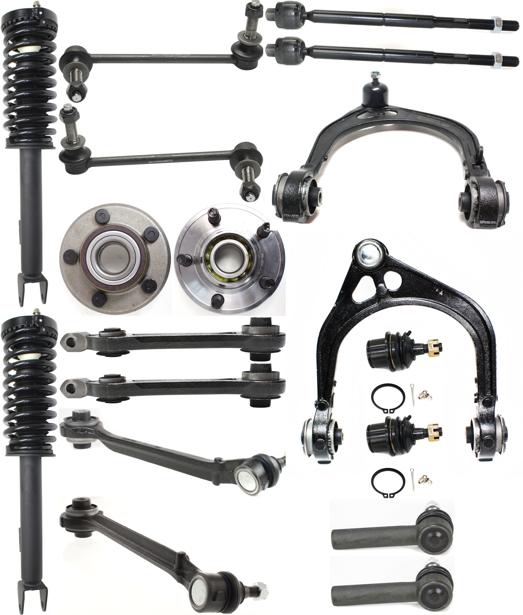 AM CHRYSLER 300-05-10 FRONT CONTROL ARM RH AND LH Upper and Lower Forward and Rearward 18 pc kit with Ball Joints Loaded Struts Sway Bar Links Tie Rod Ends and Wheel Hubs SKU KIT 030317-13 OEM 2601744-5051433-45D2442-46D